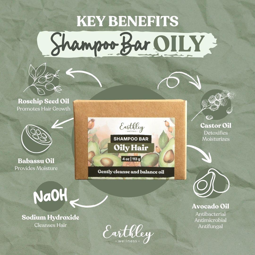 Earthley Oily Hair Shampoo Bar benefits infographic showing key ingredients: rosehip seed oil, babassu oil, castor oil, avocado oil, and sodium hyd...