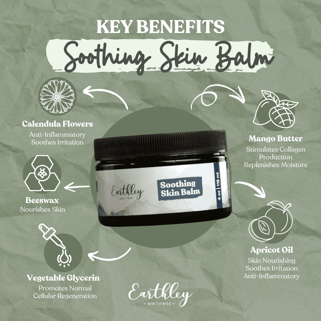 Earthley Soothing Skin Balm key benefits: calendula, beeswax, mango butter, apricot oil, glycerin