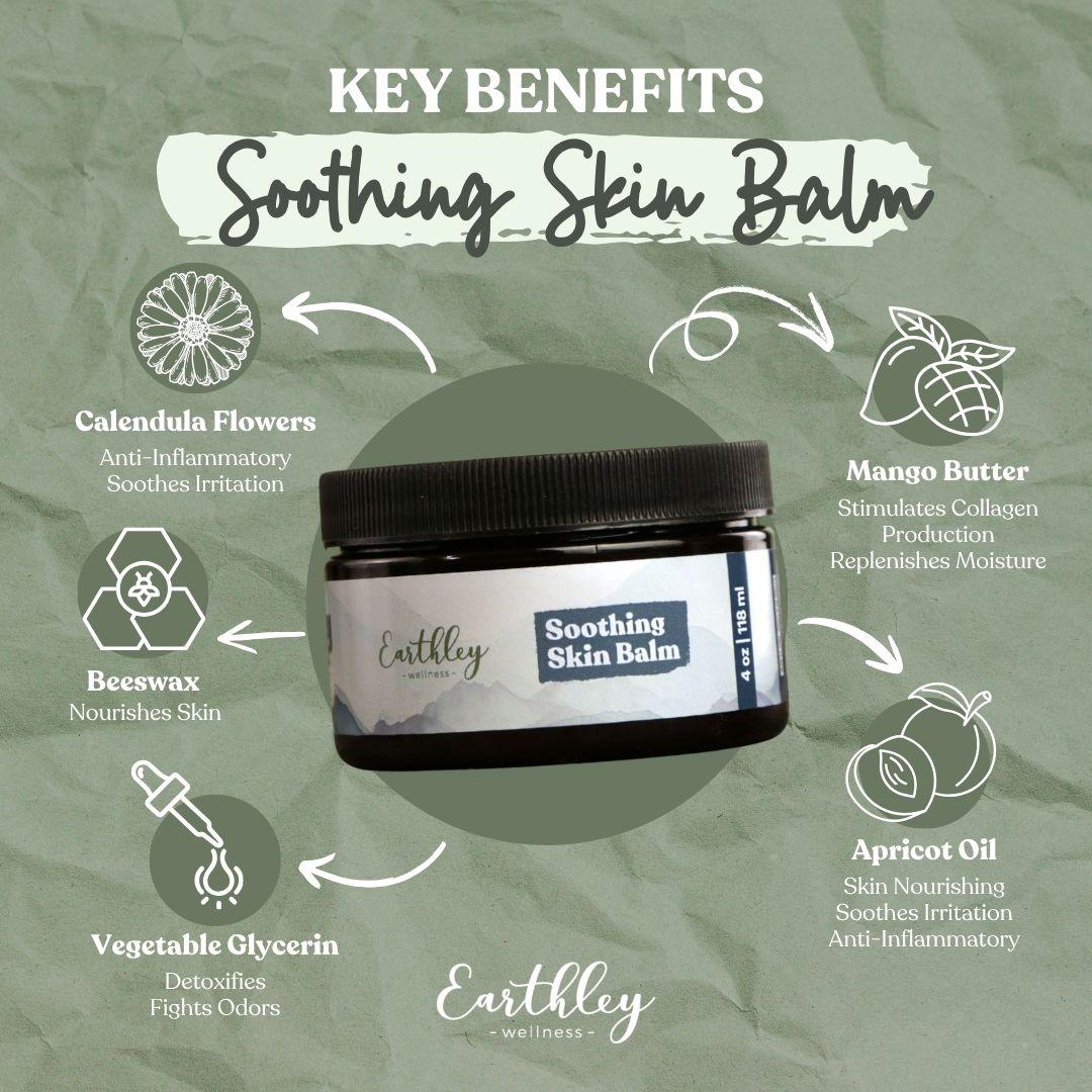 Earthley Soothing Skin Balm jar surrounded by ingredient icons showing calendula, beeswax, mango butter, apricot oil benefits