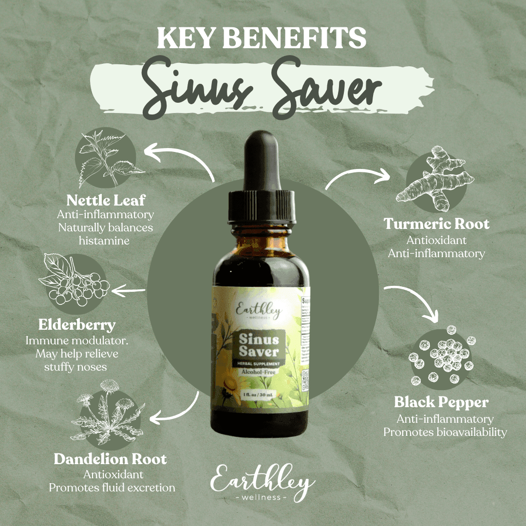 Earthley Sinus Saver tincture with key herbal ingredients: nettle, elderberry, turmeric, black pepper, dandelion