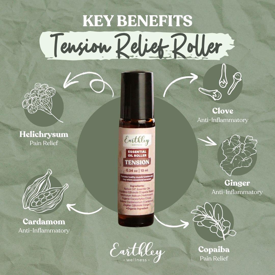Earthley Tension Relief Roller with key benefits showing helichrysum, clove, ginger, cardamom, and copaiba ingredients for pain relief