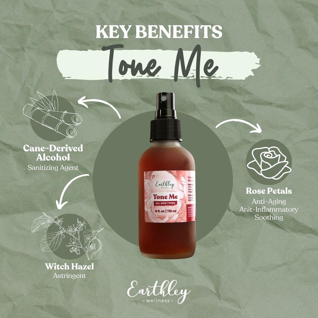 Tone Me facial toner spray bottle with key benefits: cane-derived alcohol, witch hazel, and rose petals for skincare