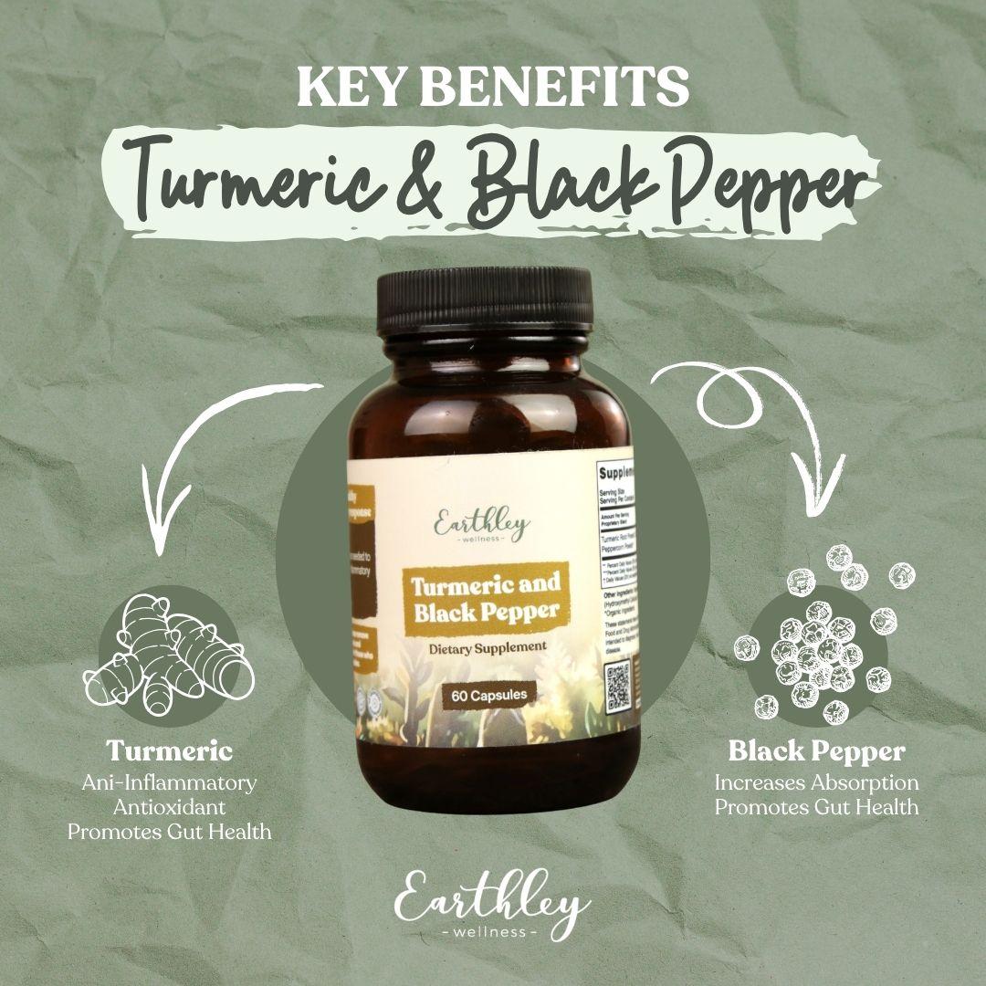 Earthley Turmeric and Black Pepper supplement bottle with key benefits infographic showing anti-inflammatory and gut health properties