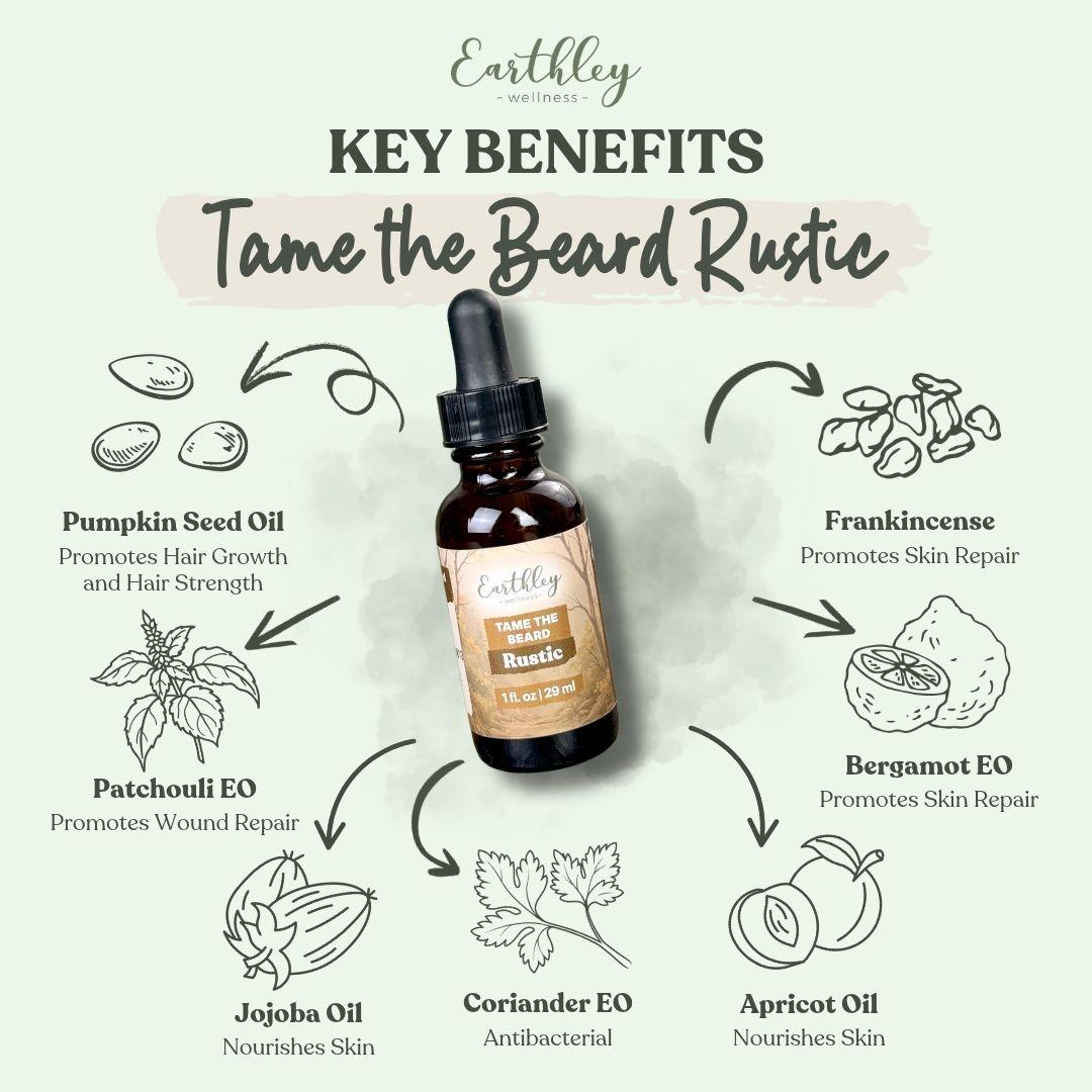 Tame the Beard Rustic oil with key ingredients: pumpkin seed, frankincense, jojoba, bergamot, apricot, coriander, patchouli.