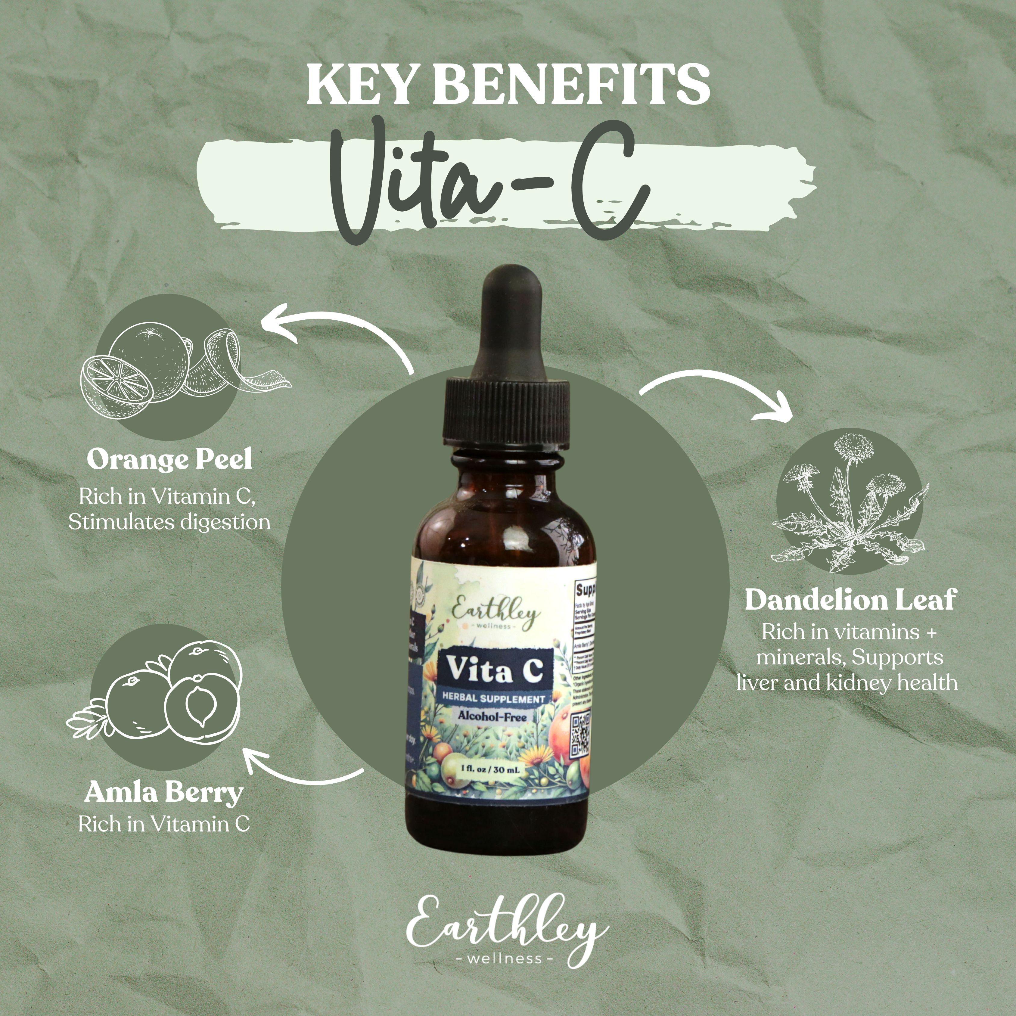 Vita-C herbal supplement bottle with key benefits infographic showing orange peel, amla berry, and dandelion leaf ingredients