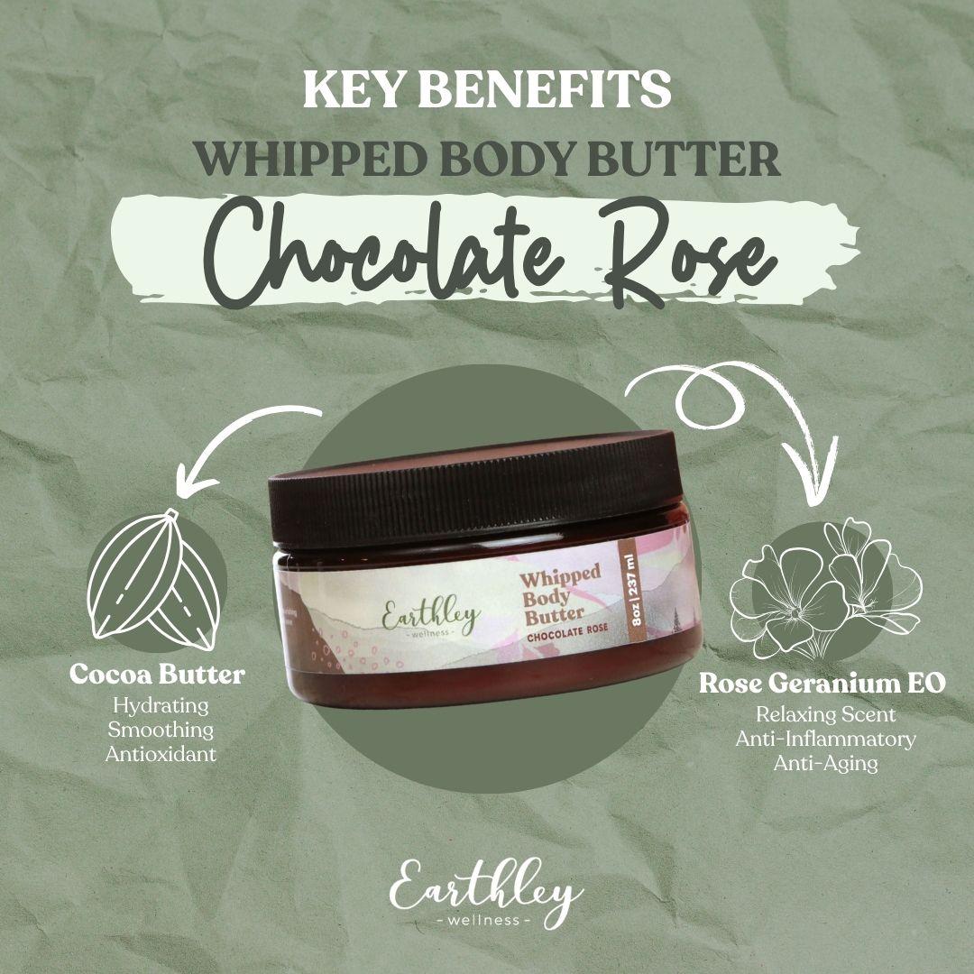 Chocolate Rose Whipped Body Butter jar with key benefits: cocoa butter for hydration and rose geranium essential oil for relaxation