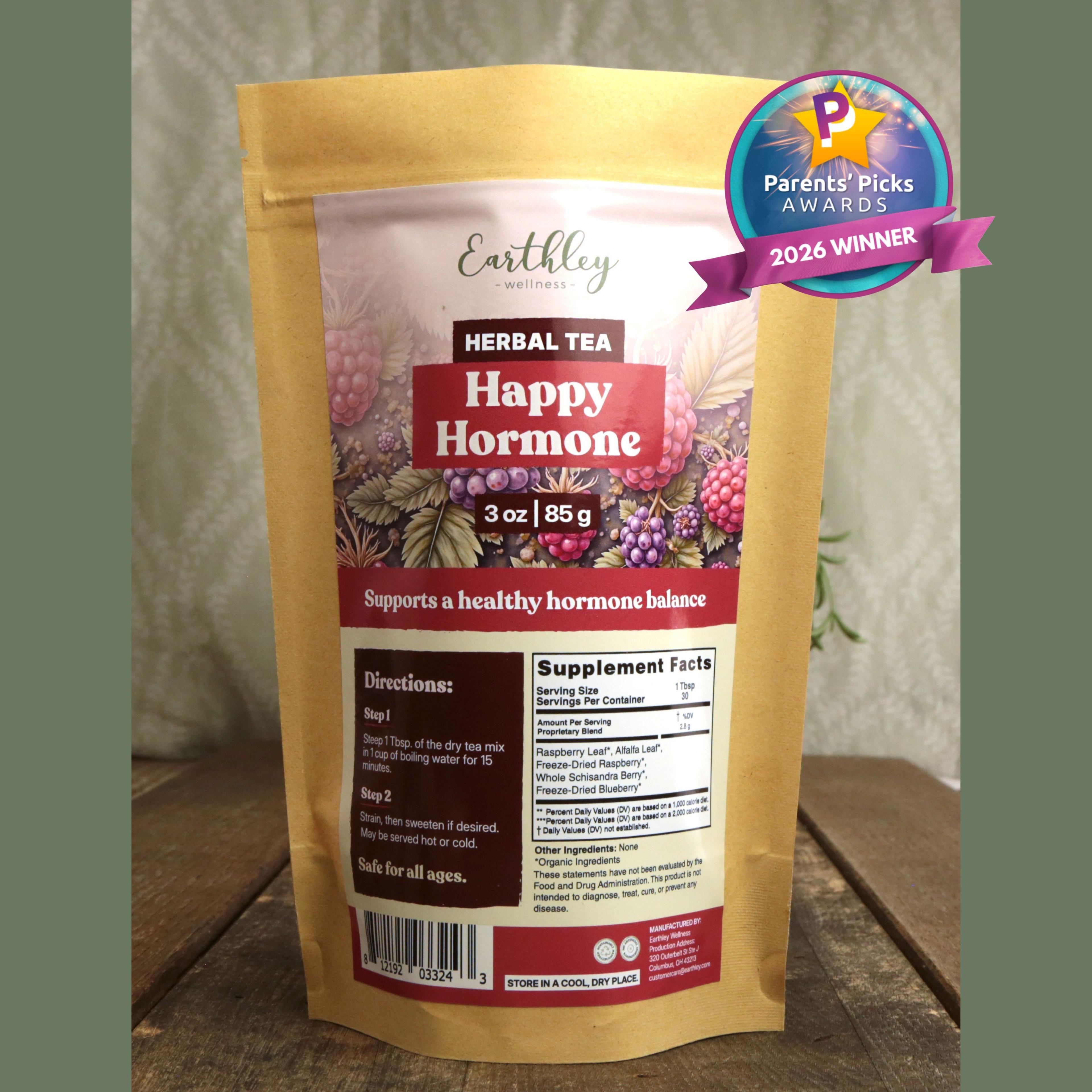 Earthley Happy Hormone herbal tea package with berry illustration and Parents' Picks 2026 Winner award badge