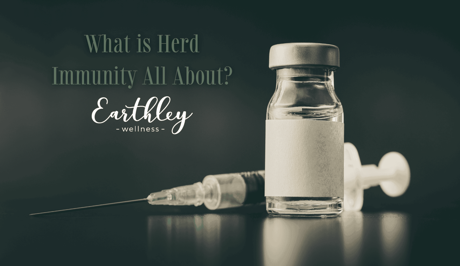 What is Herd Immunity All About blog header showing clear glass vaccine vial and syringe with needle on dark moody gray background with Earthley Wellness logo