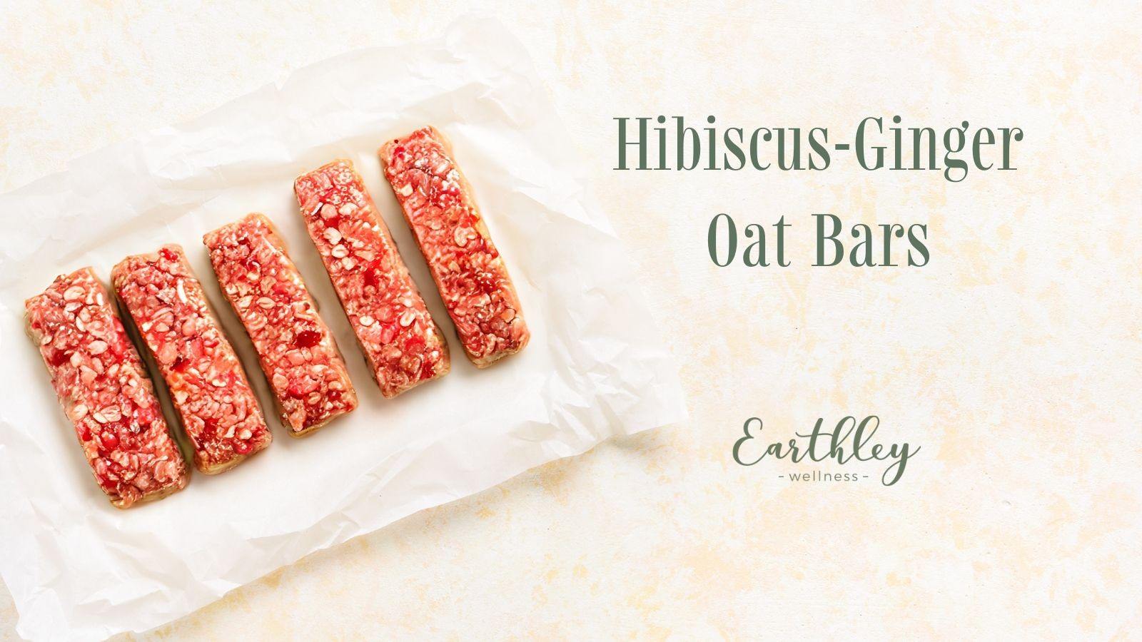 Hibiscus-Ginger Oat Bars recipe header showing four bright pink red oat bars with visible tan oat flakes on white parchment paper with cream beige marbled background