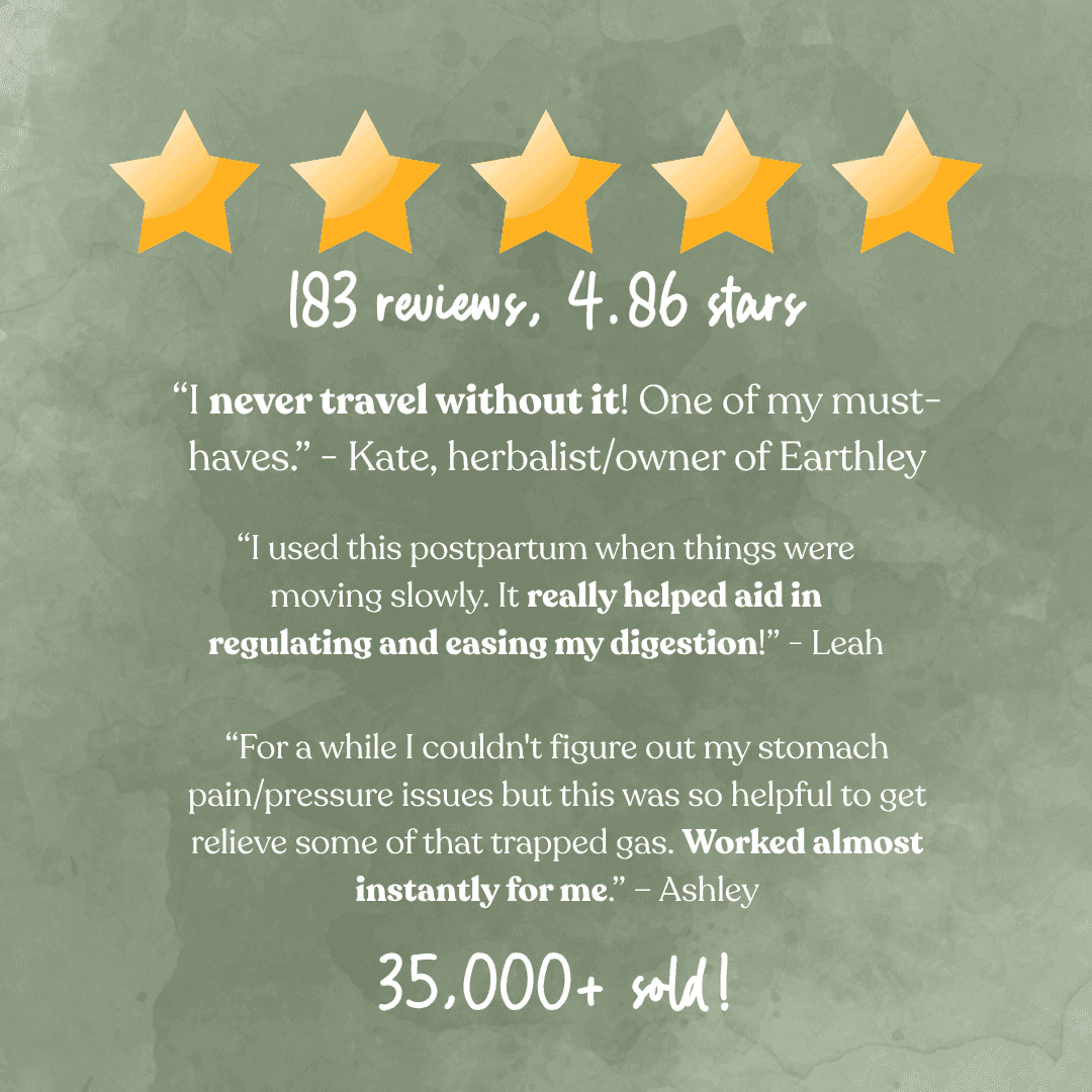 5-star customer review graphic: 183 reviews, 4.86 stars, 35,000+ sold for digestive relief product