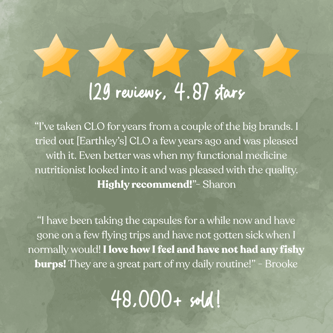 5-star customer reviews for Earthley CLO capsules, rated 4.87 stars, 48,000+ sold