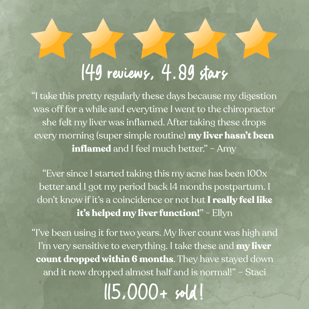 Five-star customer reviews for liver support supplement, rated 4.89 stars across 149 reviews