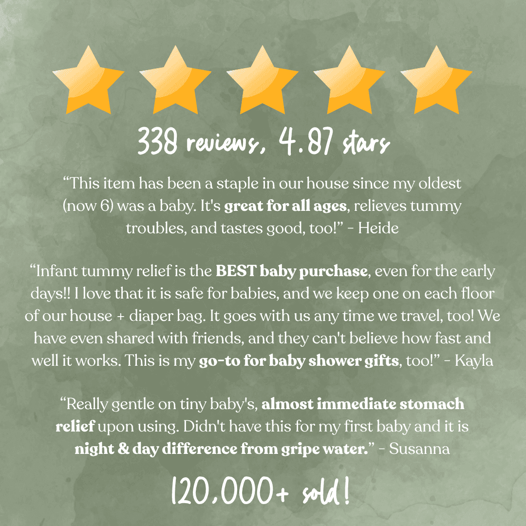 5-star customer reviews for Infant Tummy Relief, rated 4.87 stars, 120,000+ sold