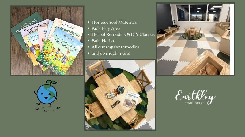 Earthley Wellness store featuring homeschool books, kids play area with foam tiles, and small wooden table.