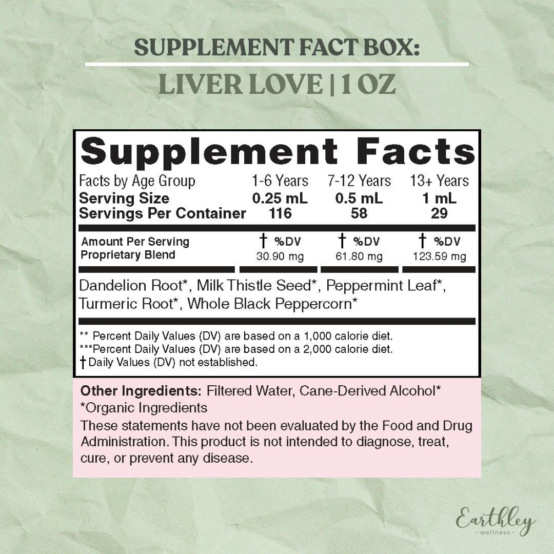 Liver Love supplement facts label showing organic herbal blend ingredients and dosing by age group