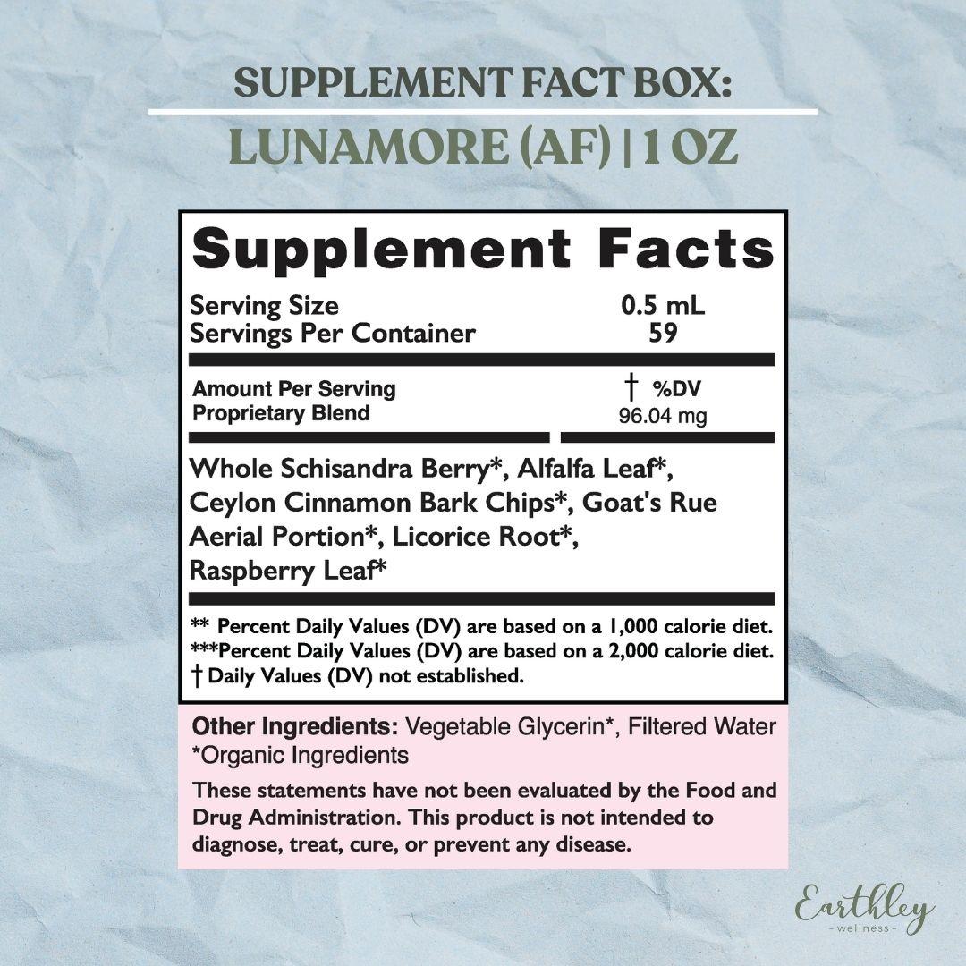 Supplement facts label for Lunamore (AF) 1oz tincture showing organic herbal blend ingredients and serving information