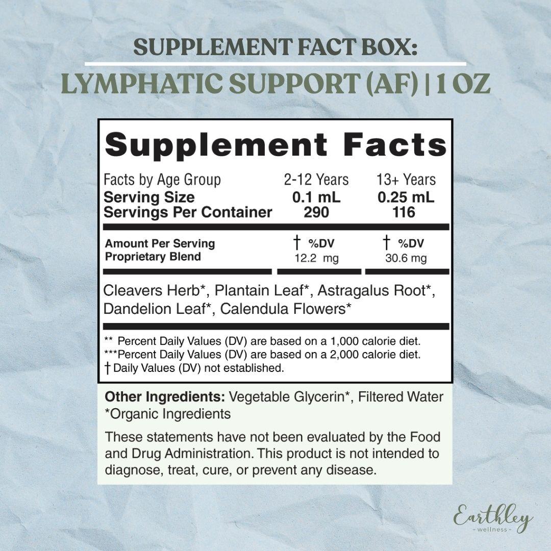 Supplement Facts box for Earthley Lymphatic Support Alcohol-Free 1 oz showing age-based serving sizes for 2-12 years and 13+ years, proprietary blend of organic cleavers herb, plantain leaf, astragalus root, dandelion leaf, and calendula flowers with FDA disclaimer