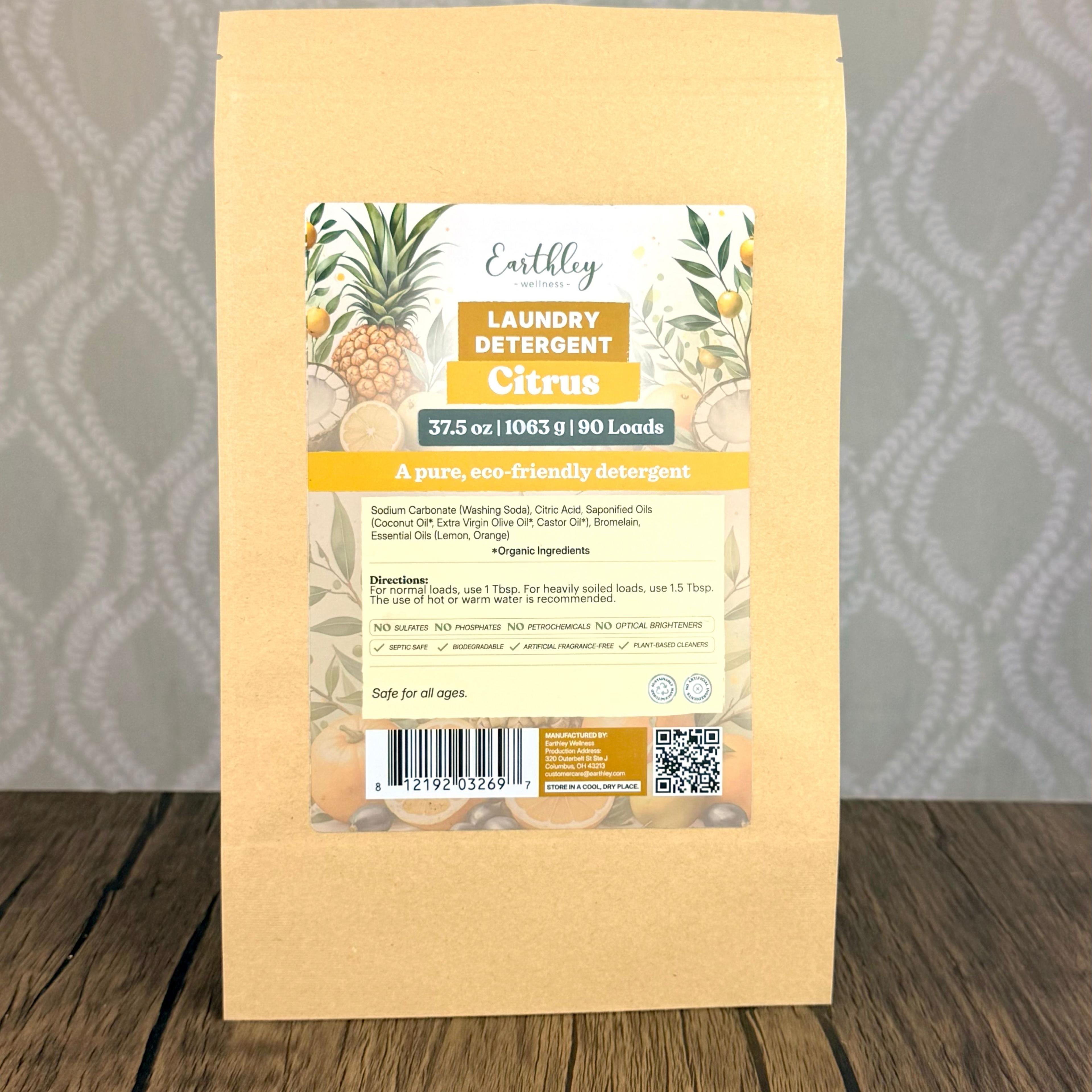 Earthley Wellness Citrus Laundry Detergent kraft bag, 37.5oz, 90 loads, eco-friendly