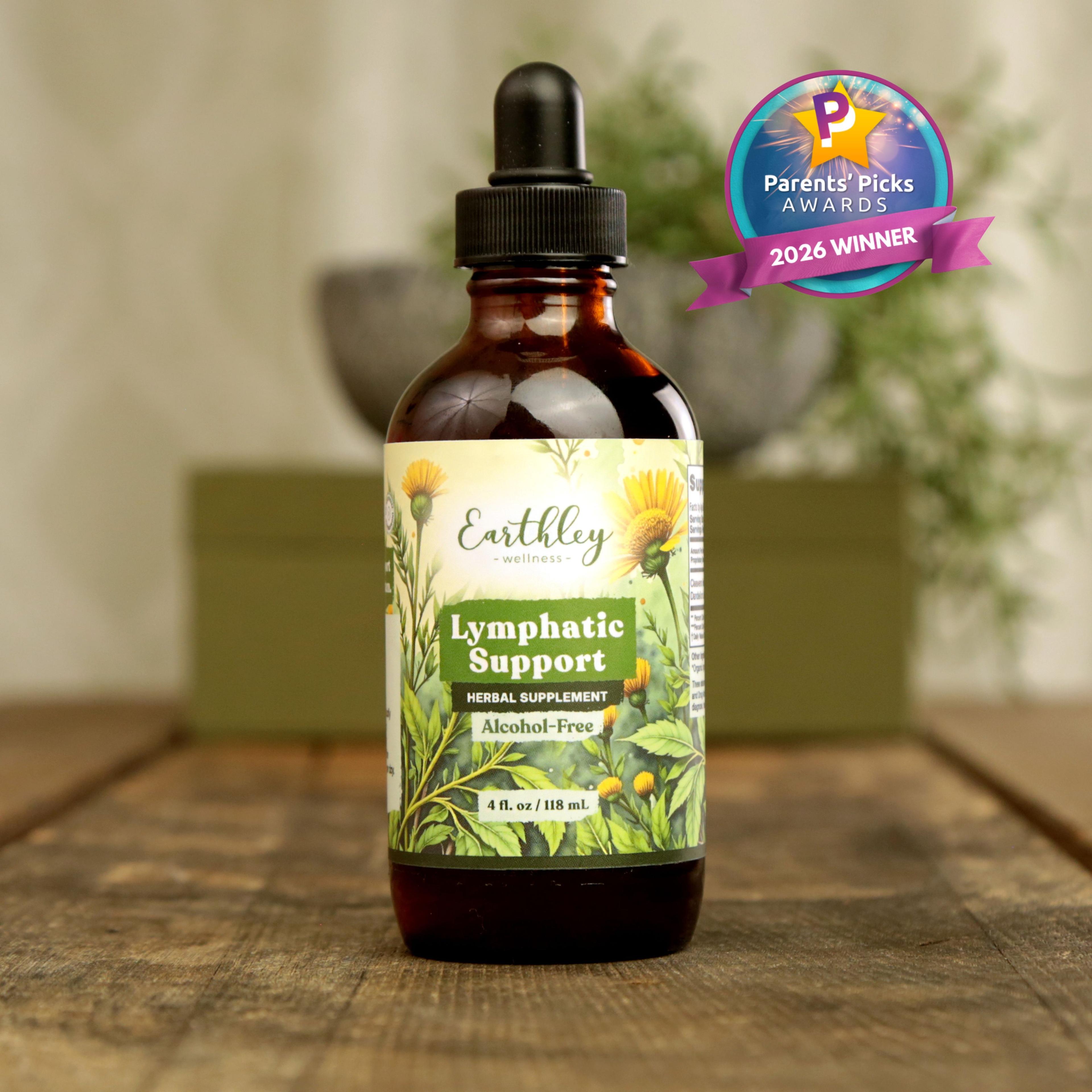 Earthley Lymphatic Support herbal tincture bottle with dropper and Parents' Picks 2026 Winner award badge
