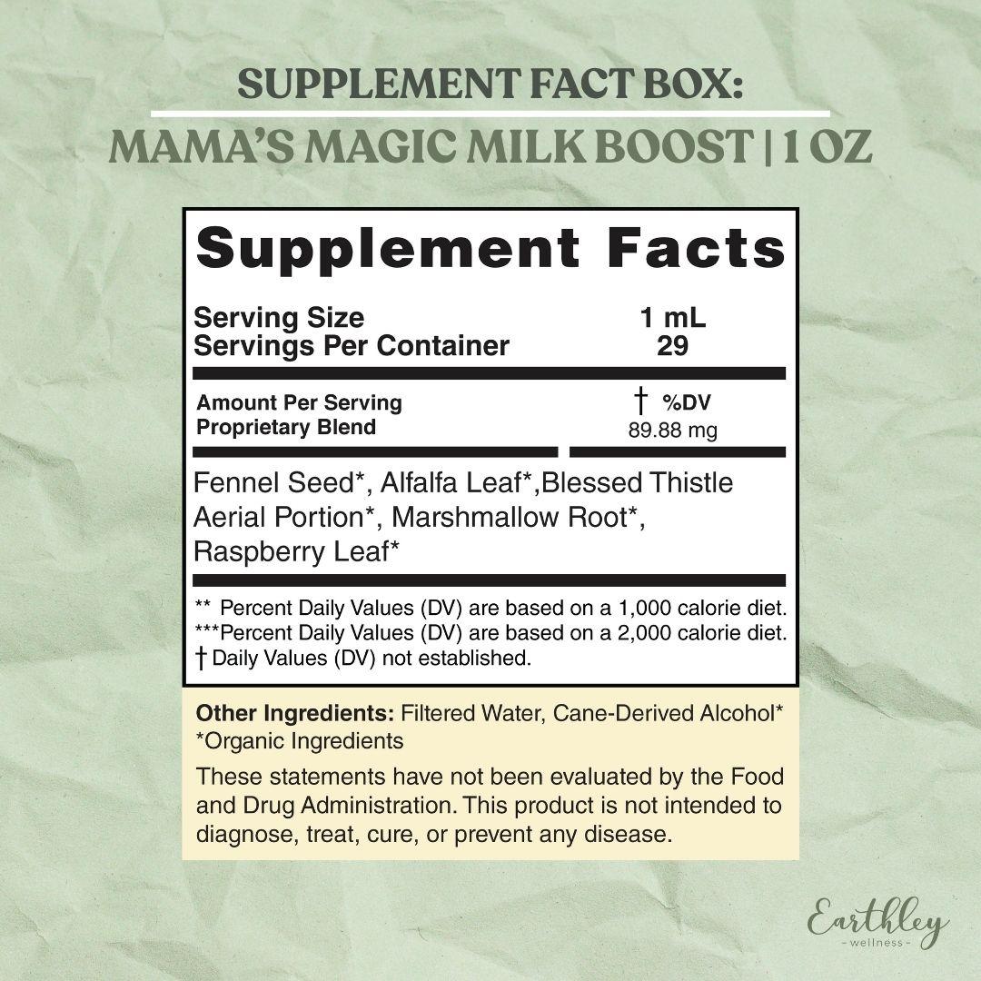 Supplement facts label for Mama's Magic Milk Boost 1oz tincture showing organic herbal blend ingredients and serving information