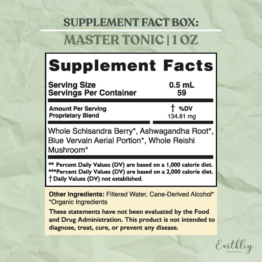 Supplement facts label for Master Tonic 1oz showing serving size, ingredients including schisandra berry, ashwagandha, blue vervain, and reishi mus...