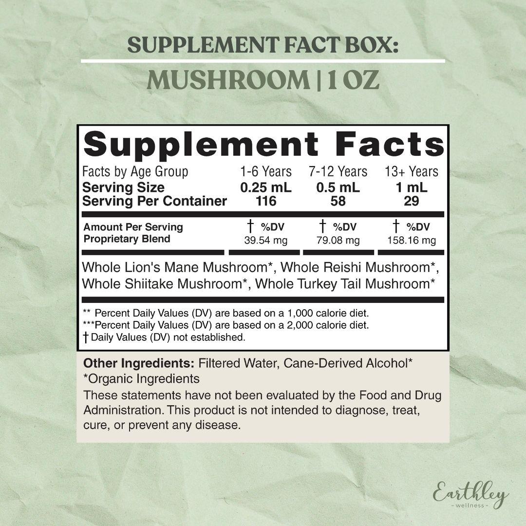 Supplement facts label for Mushroom tincture showing dosage by age group and organic mushroom blend ingredients