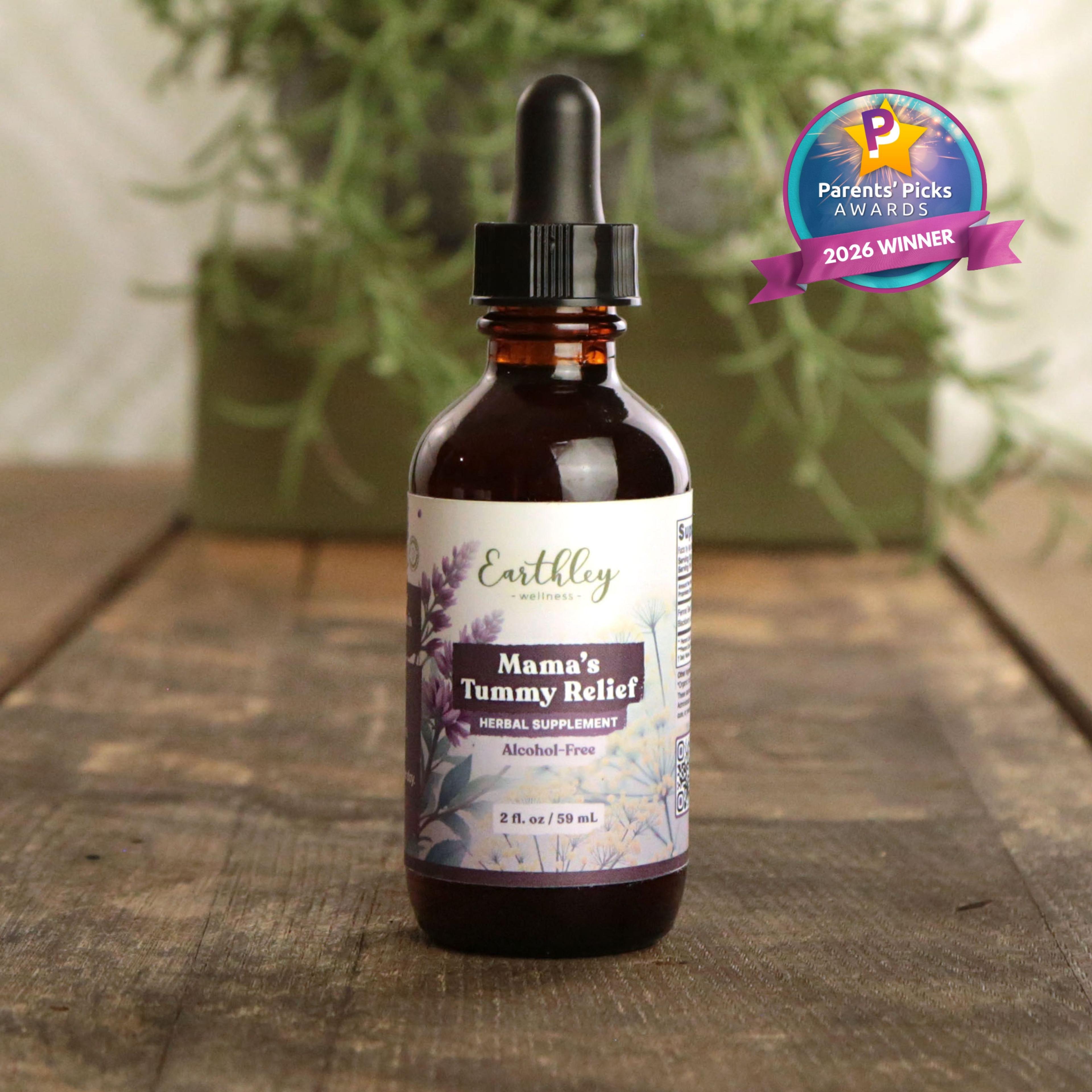 Earthley Wellness Mama's Tummy Relief 2oz alcohol-free herbal tincture, Parents' Picks 2026 Winner