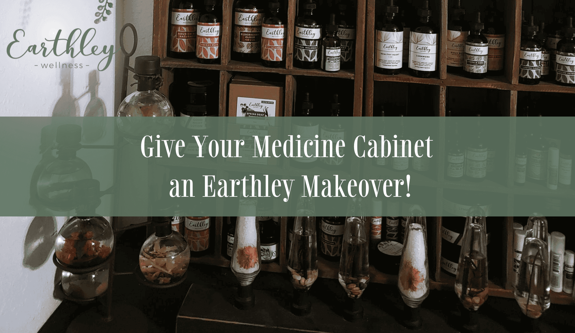 Medicine Cabinet Makeover guide header showing open bathroom cabinet with amber glass bottles and natural wellness products organized on white shelves