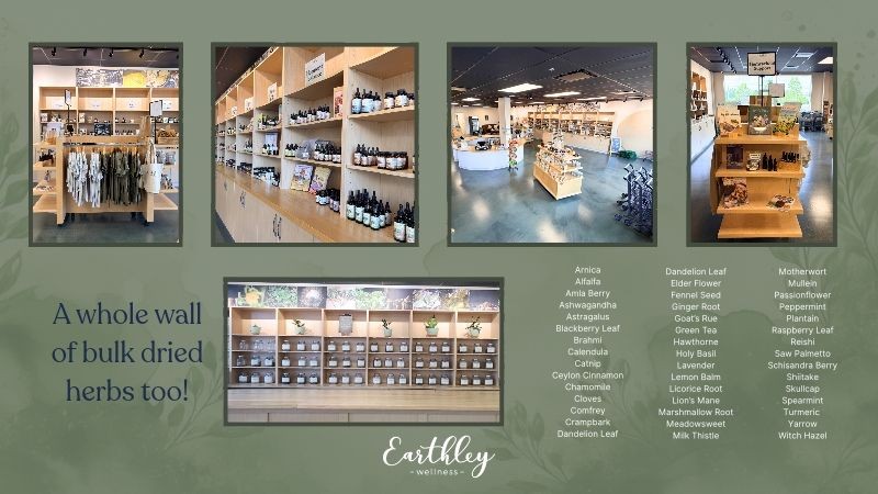 Earthley Wellness retail store interior with shelves of herbal products and bulk dried herbs wall display