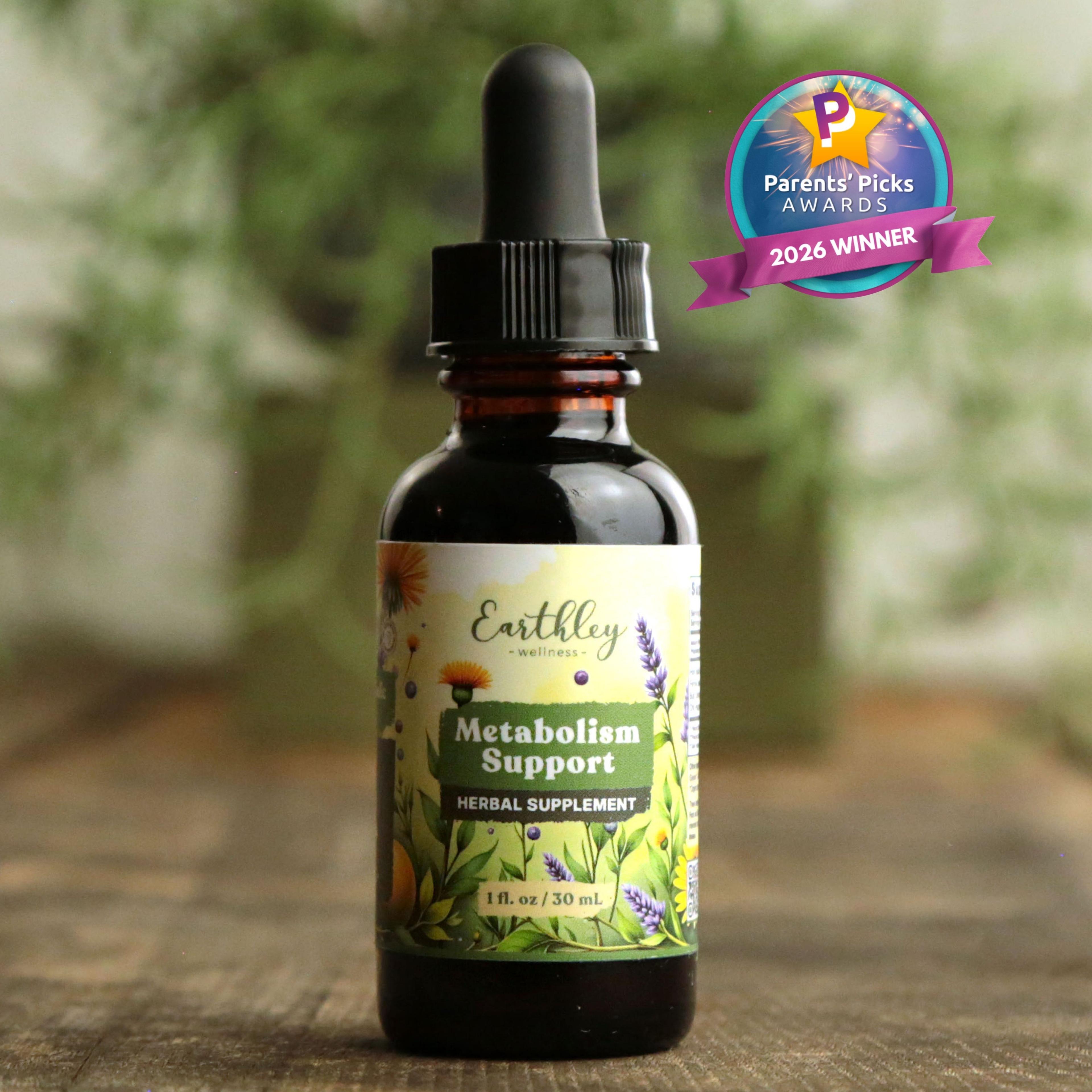 Earthley Wellness Metabolism Support herbal tincture bottle with dropper and Parents' Picks 2026 Winner award badge