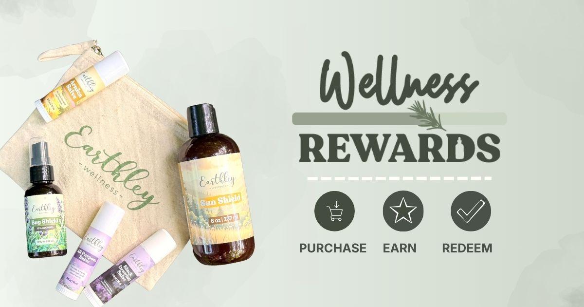 Earthley Wellness Rewards program banner with natural products and purchase, earn, redeem icons