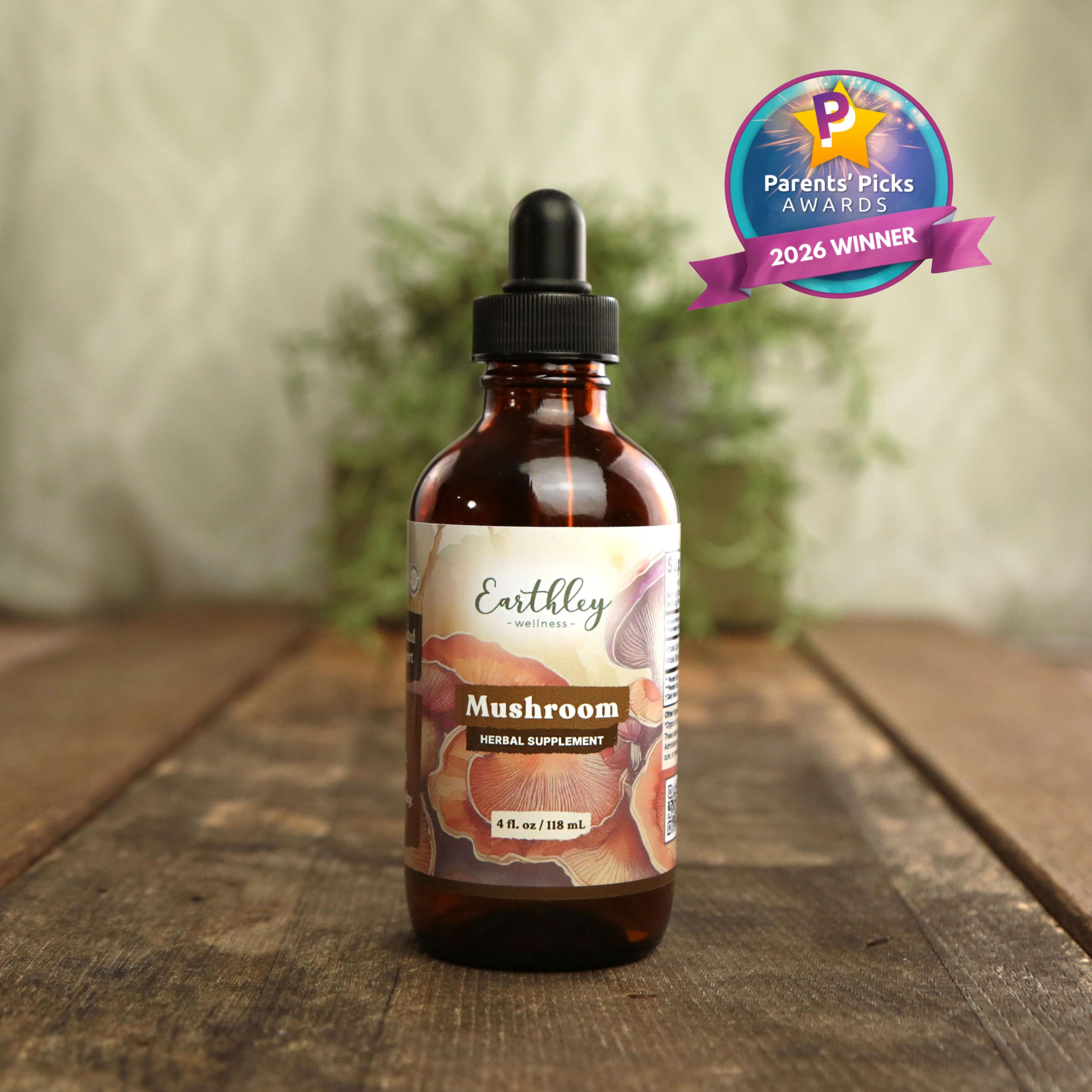 Earthley Mushroom herbal supplement tincture bottle with dropper and Parents' Picks 2026 Winner award badge