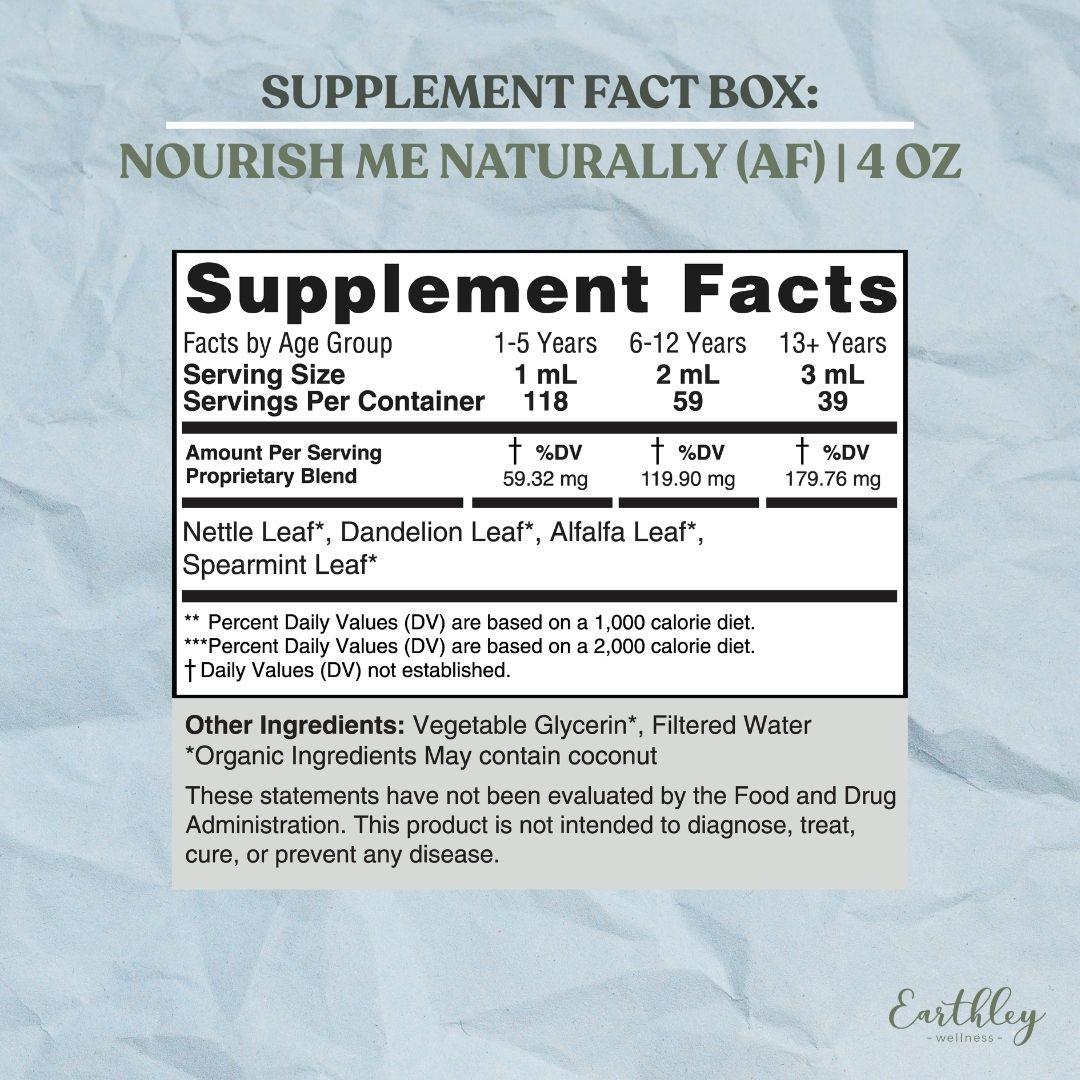 Supplement facts label for Nourish Me Naturally tincture showing dosage by age group and herbal ingredients