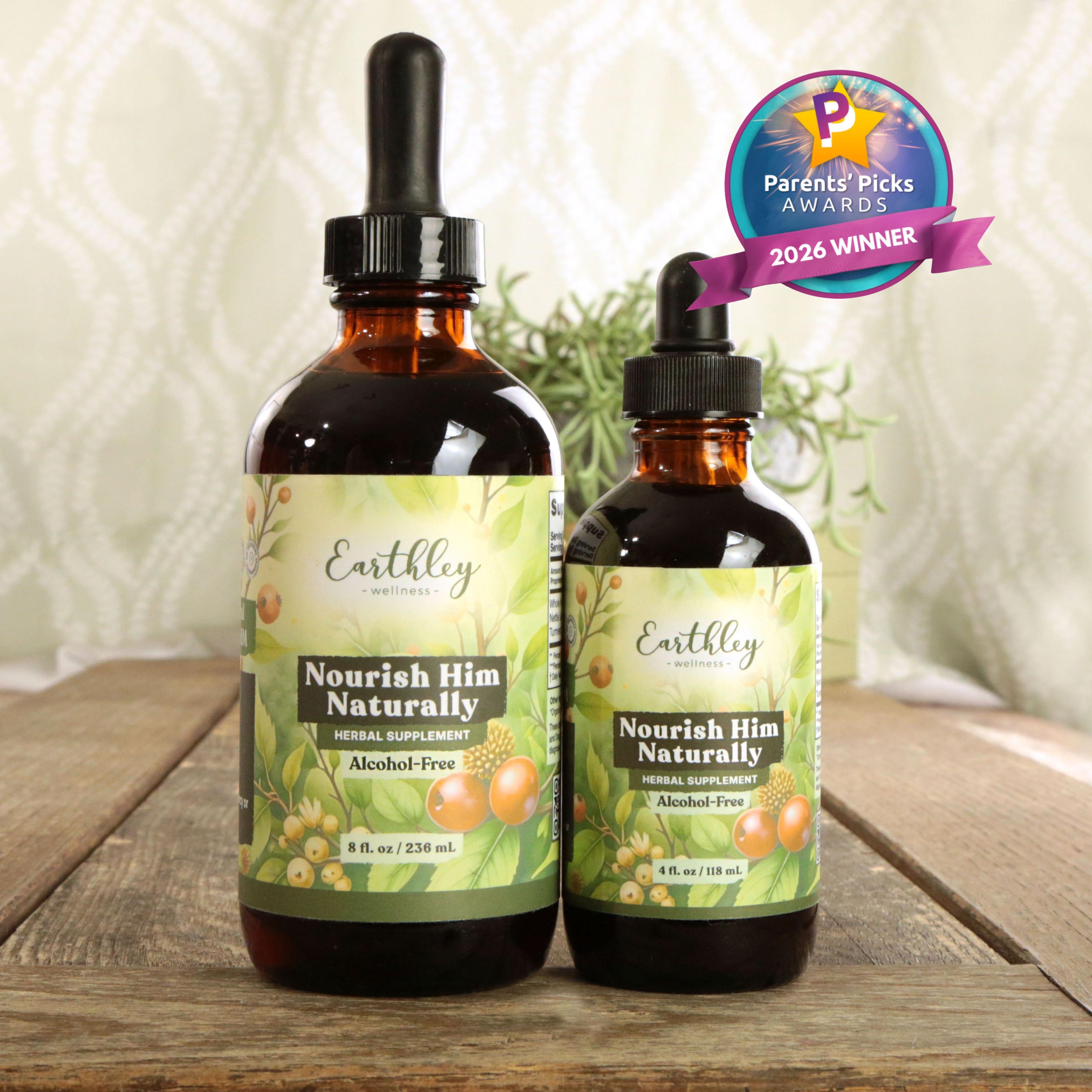 Two amber glass bottles of Earthley Nourish Him Naturally herbal supplement with droppers, featuring Parents' Picks 2026 Winner badge