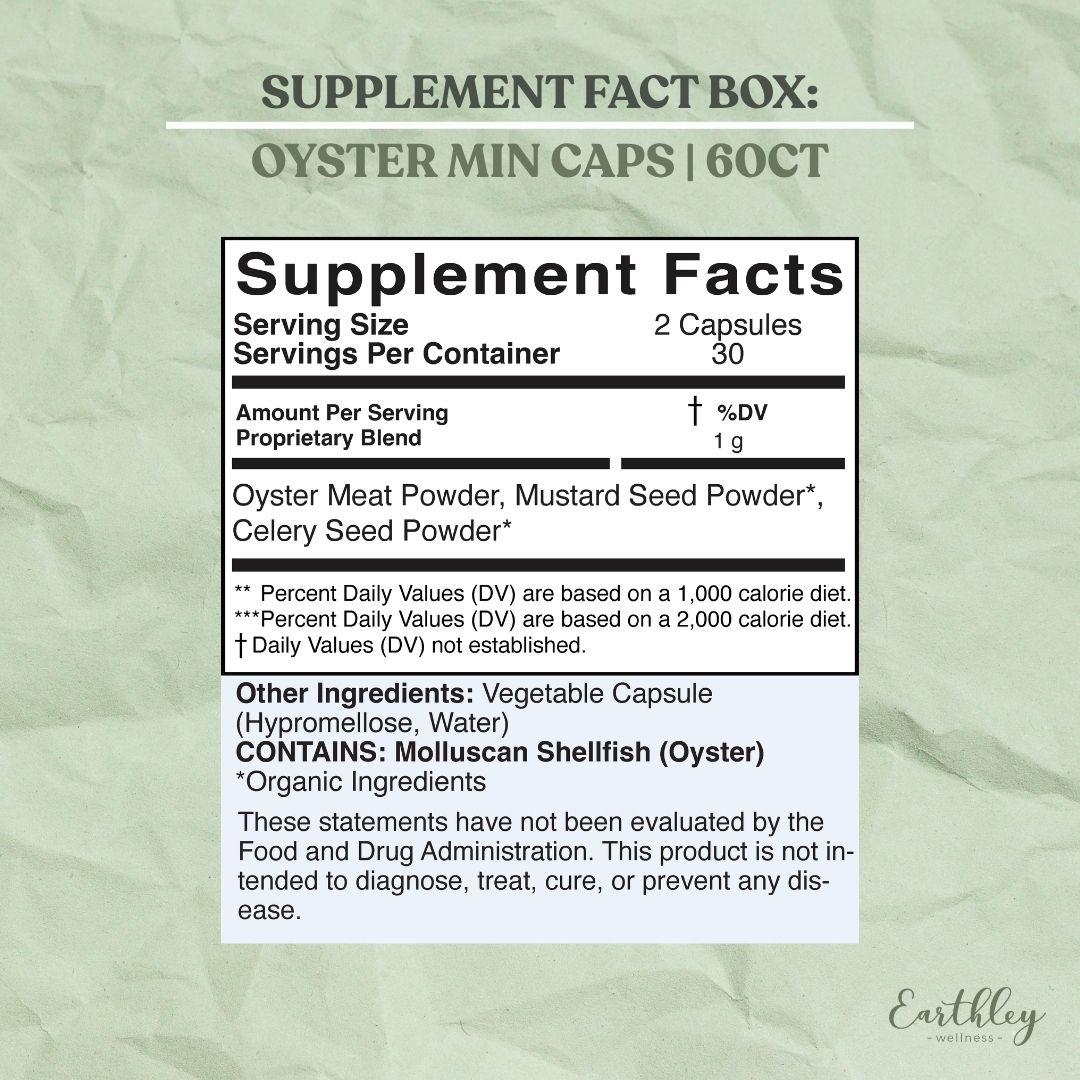 Supplement facts label for Oyster Min Caps 60ct, 2-capsule serving, oyster meat powder blend.