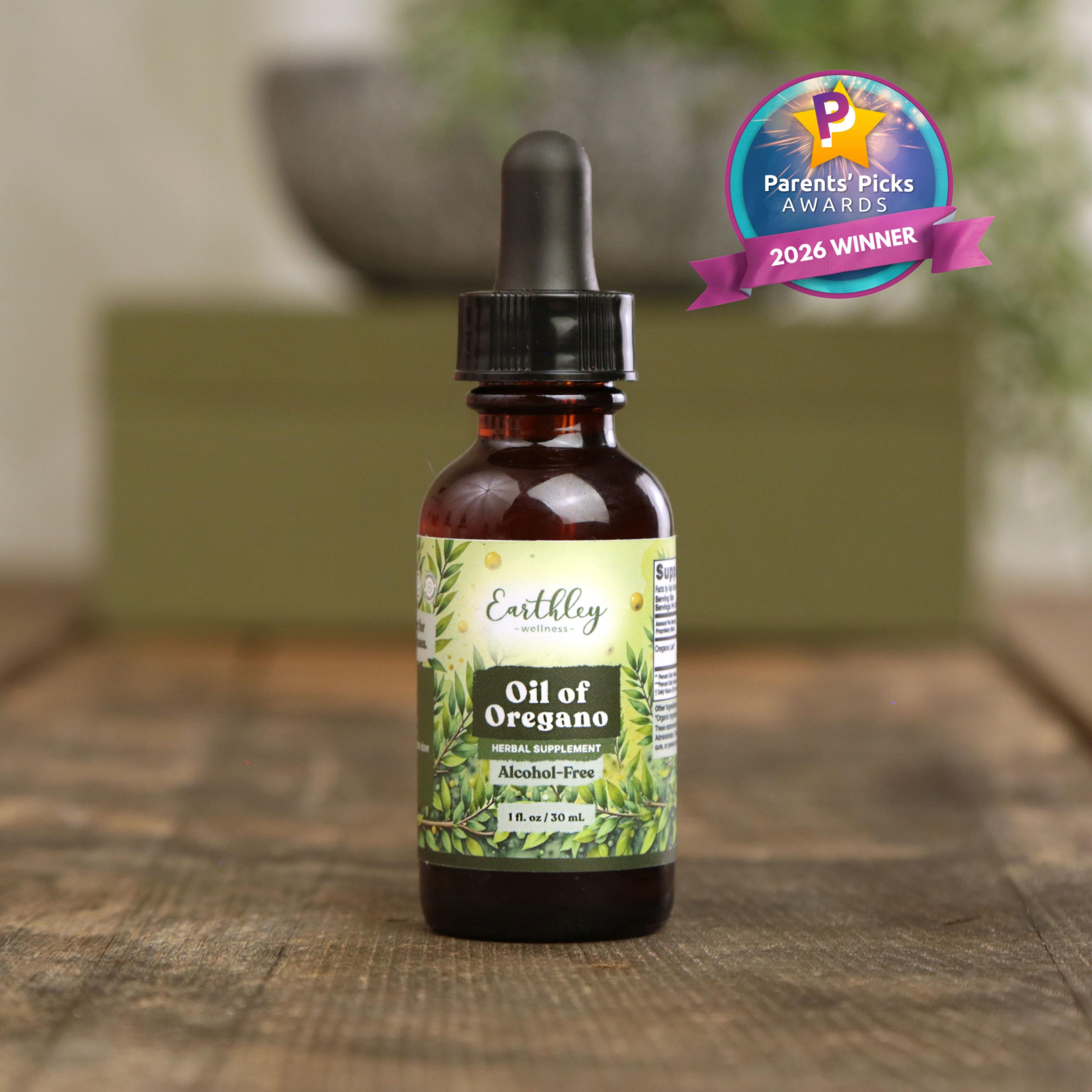 Earthley Oil of Oregano herbal supplement bottle with dropper, featuring Parents' Picks Awards 2026 Winner badge