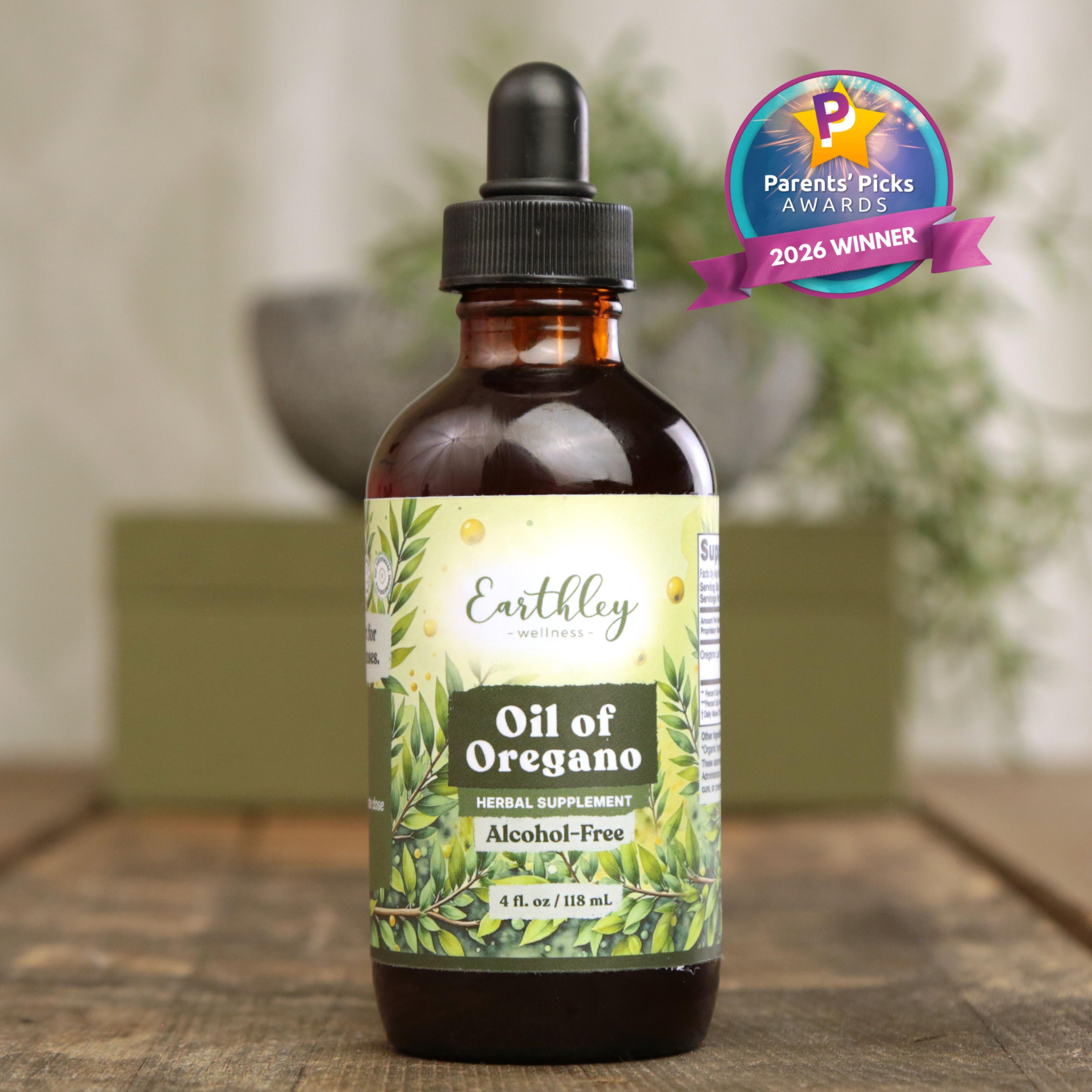 Earthley Oil of Oregano herbal supplement bottle with dropper, featuring Parents' Picks Awards 2026 Winner badge