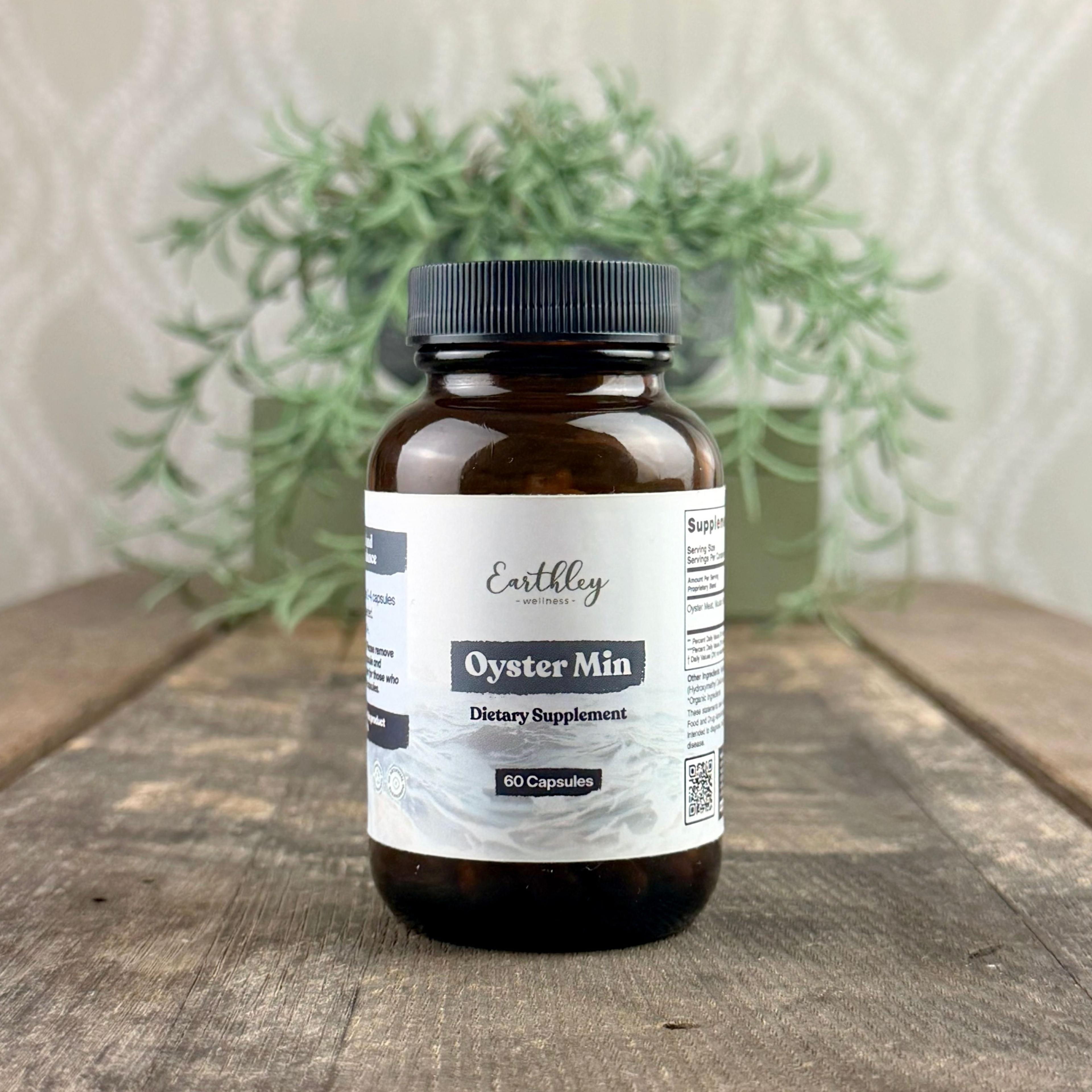 Earthley Wellness Oyster Min dietary supplement, 60 capsules, amber glass bottle