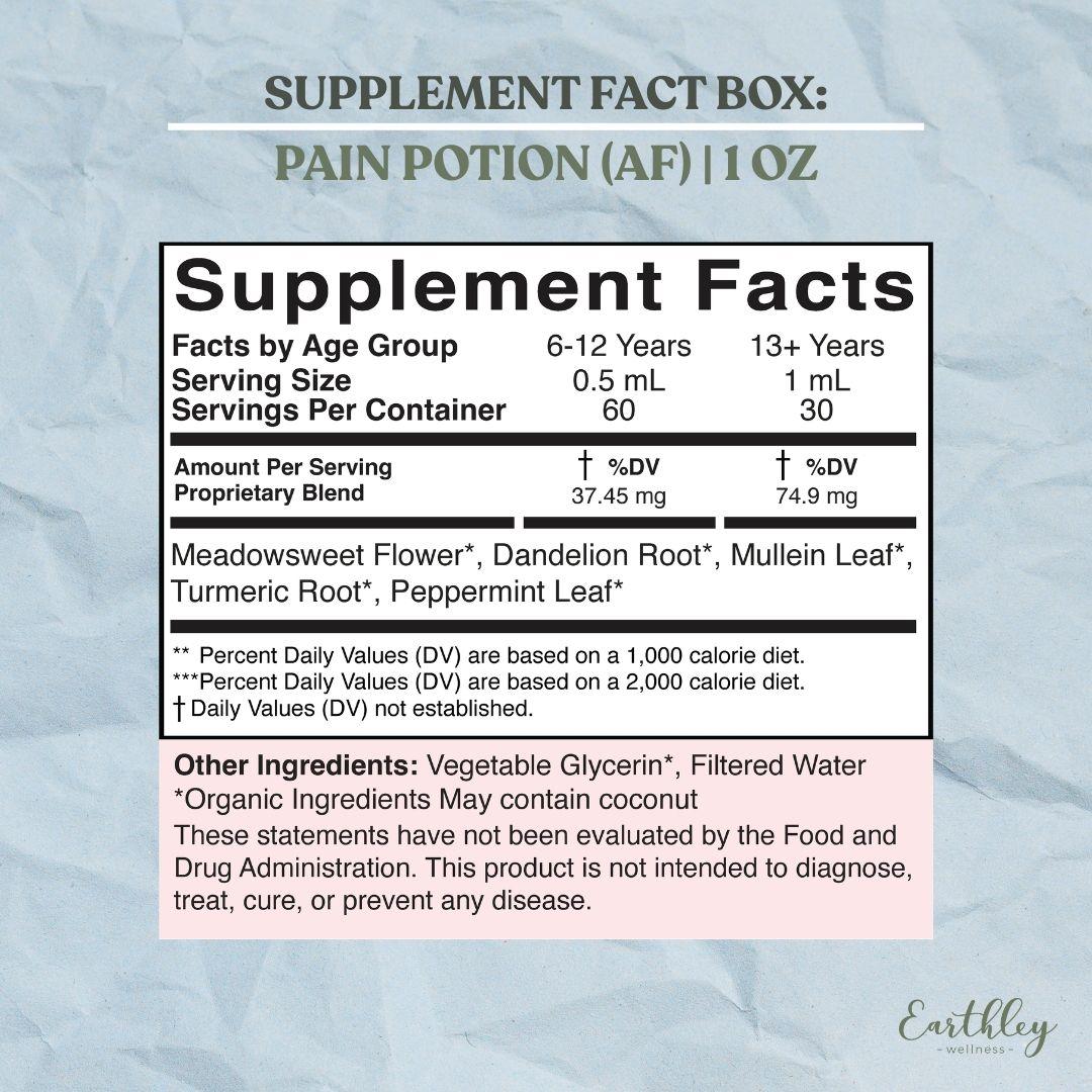 Supplement facts label for Pain Potion AF 1oz with herbal blend ingredients.