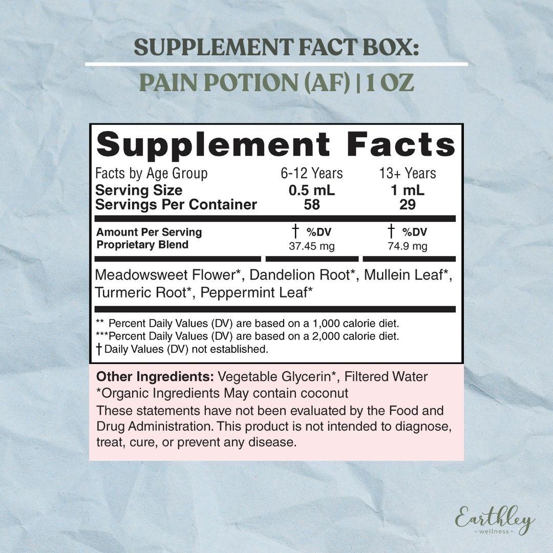 Supplement facts label for Pain Potion tincture showing serving sizes, herbal ingredients, and dosage information for different age groups