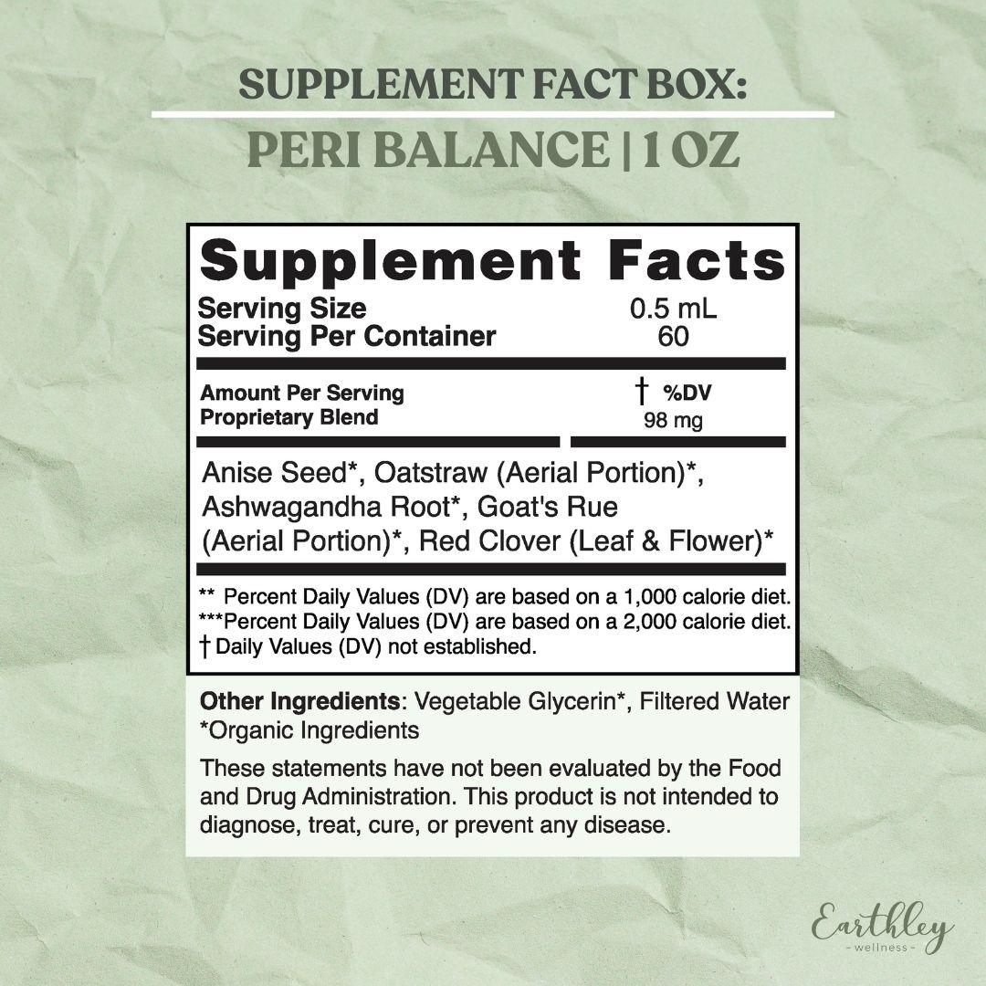 Peri Balance 1 oz supplement facts: 0.5mL serving, herbal blend with ashwagandha, red clover.