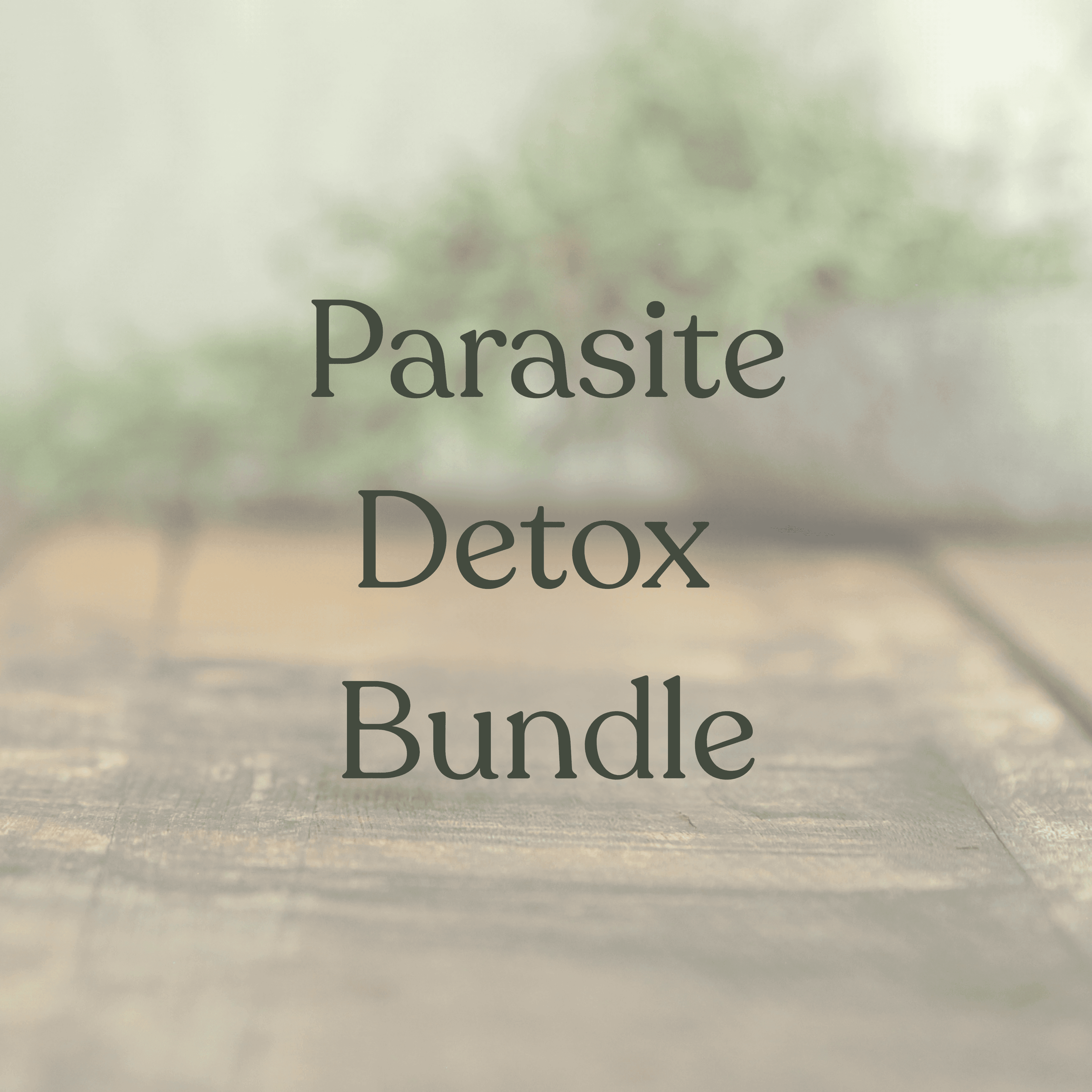 Text graphic reading Parasite Detox Bundle on soft focus wooden surface with greenery in background