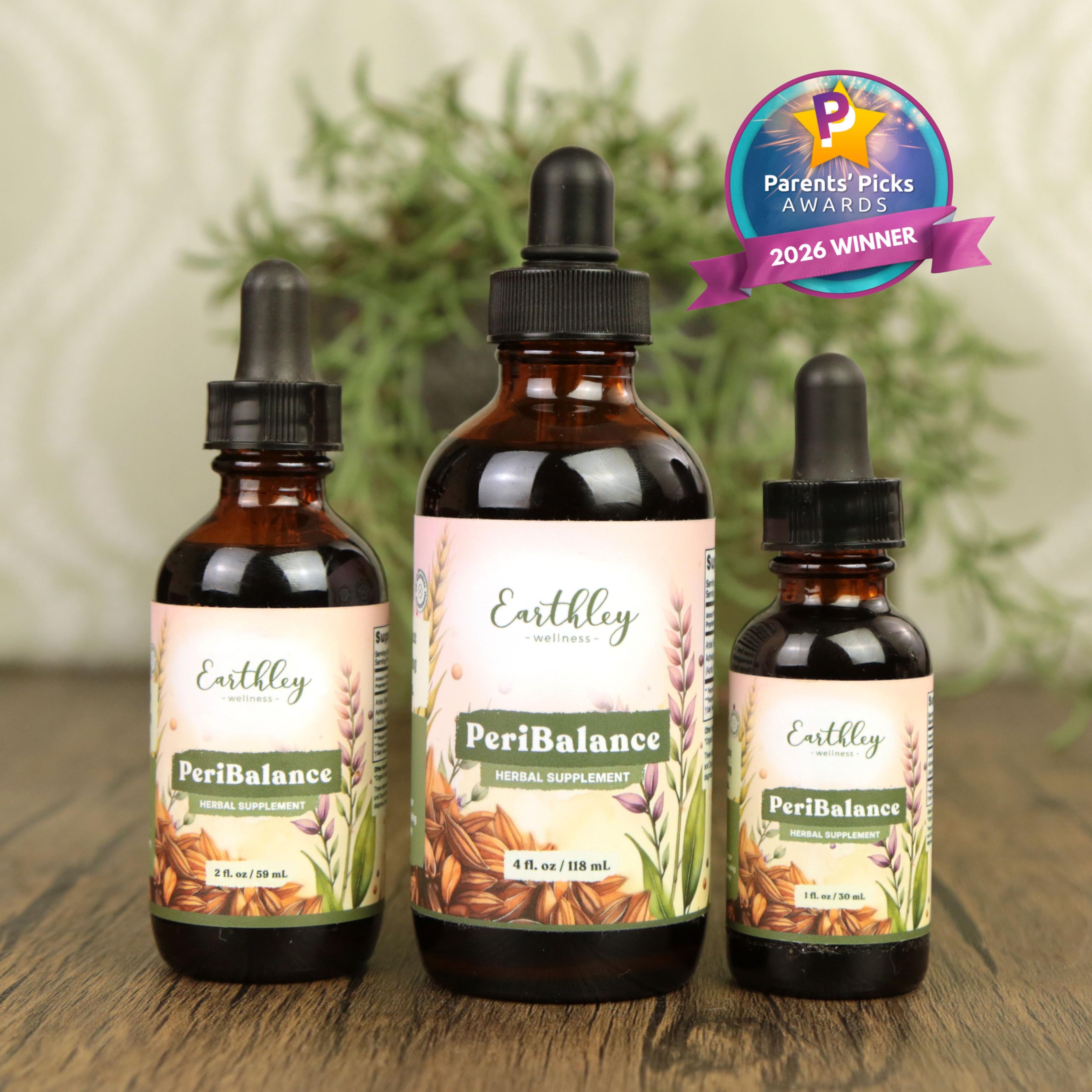 Three amber glass bottles of Earthley PeriBalance herbal supplement tinctures in 1oz, 2oz, and 4oz sizes with Parents' Picks 2026 Winner award badge