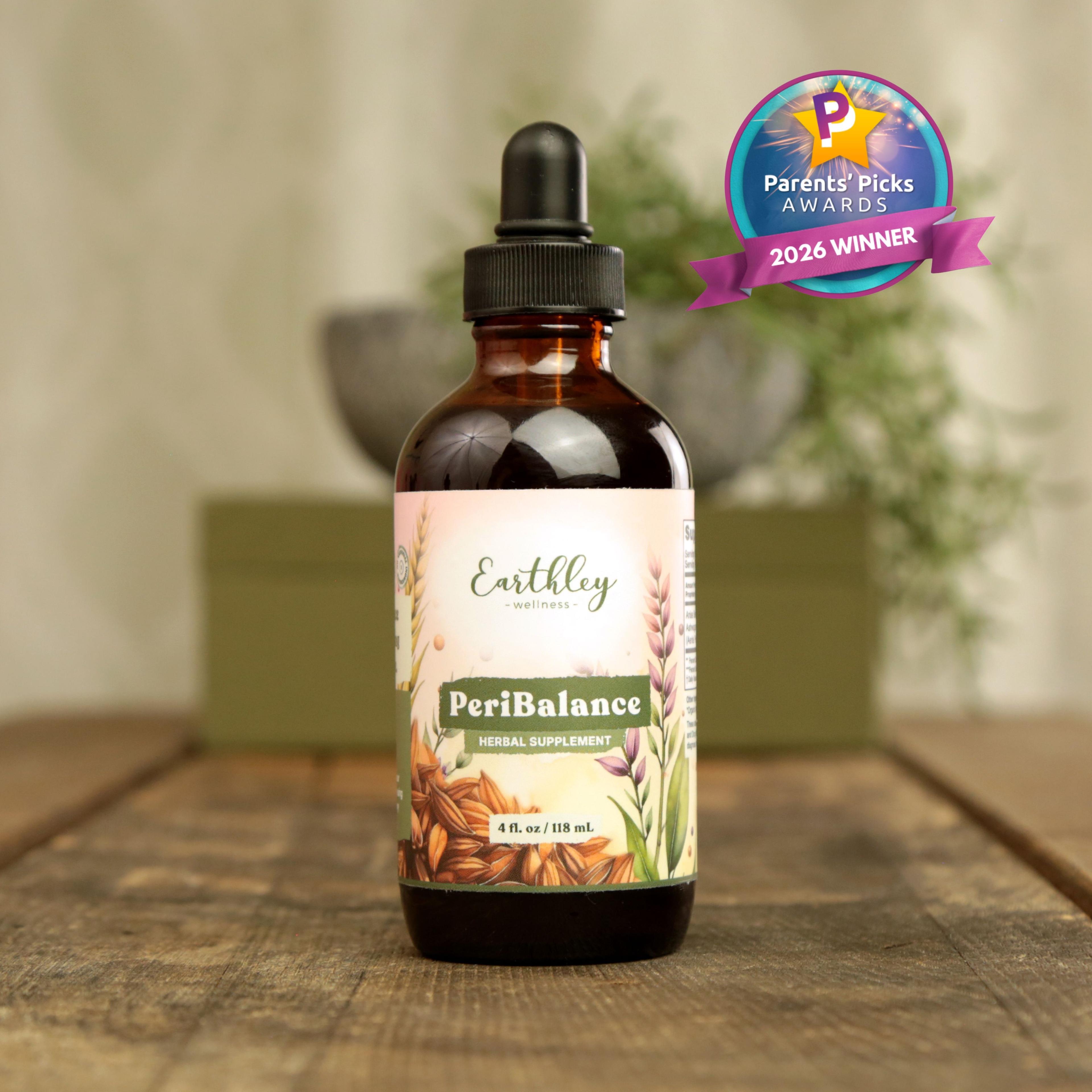 Earthley PeriBalance herbal supplement tincture bottle with dropper and Parents' Picks Awards 2026 Winner badge