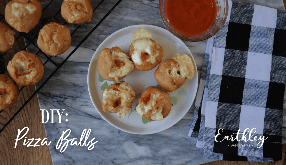 DIY Pizza Balls recipe graphic showing golden baked pizza balls on plate with marinara sauce