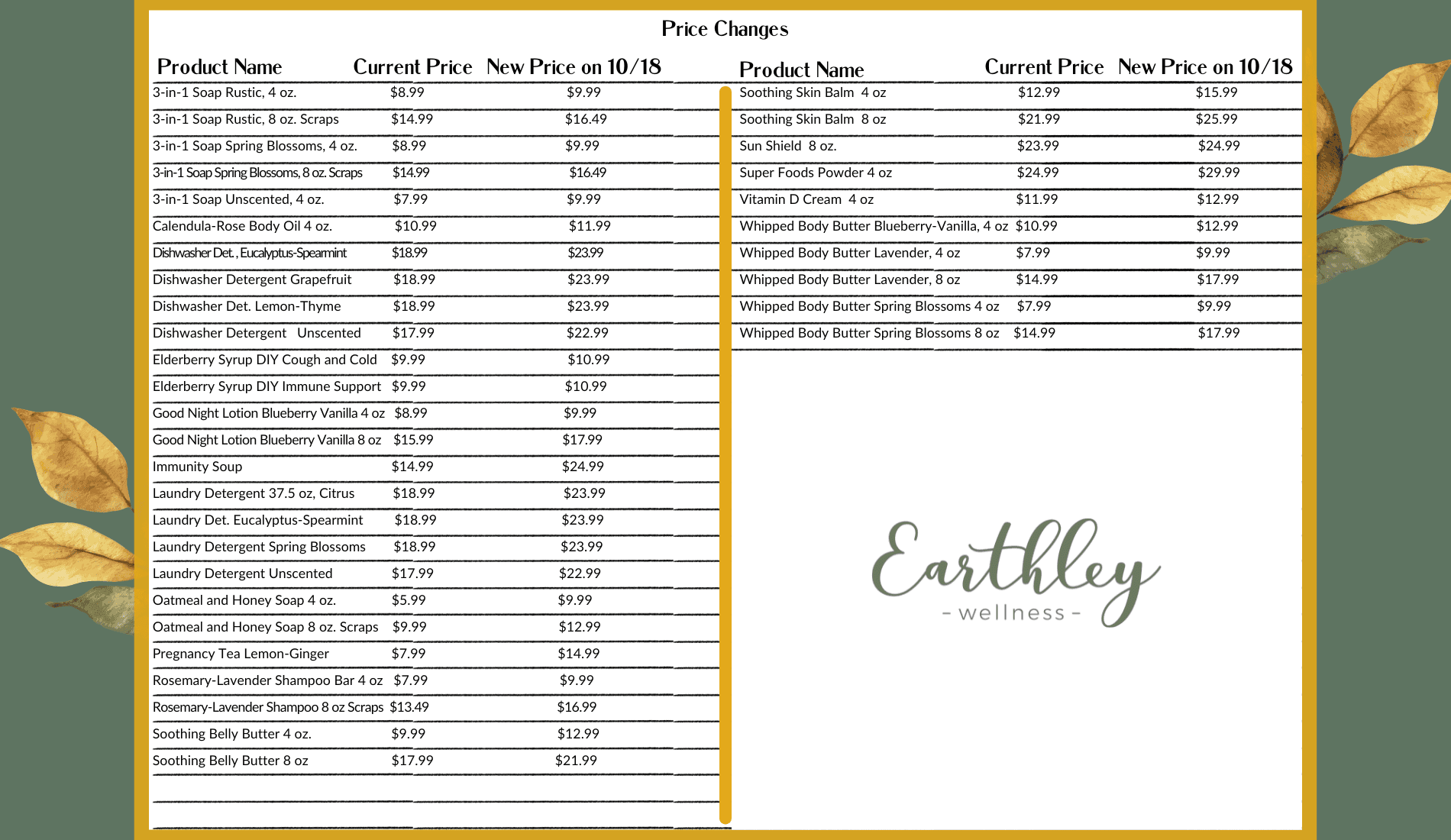 Price Changes 2024 comparison chart with mustard yellow border and autumn leaves showing two-column table listing product names current prices and new prices effective October 18 including soaps body butters laundry detergent elderberry syrup and lotions