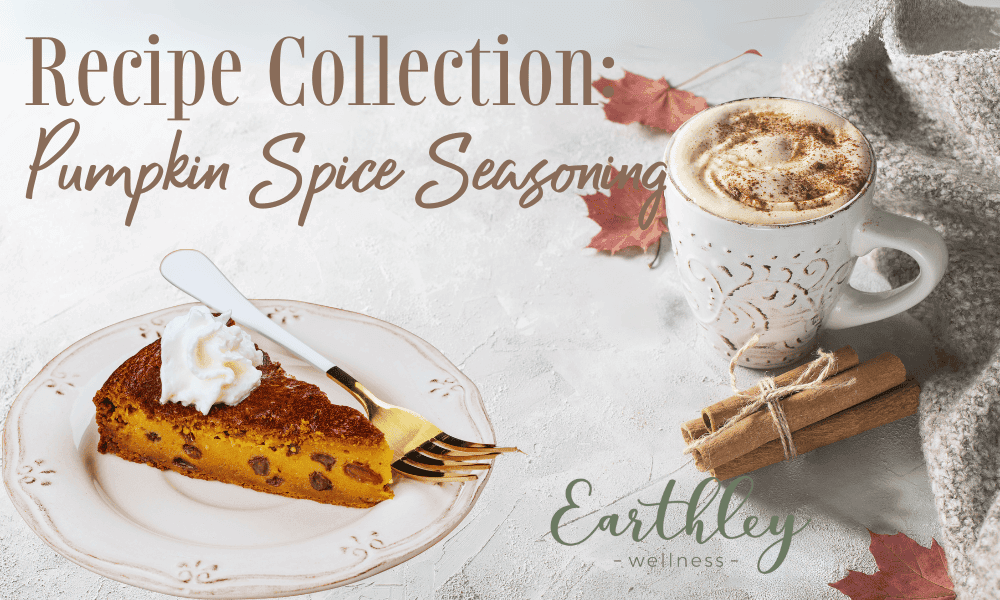 Recipe Collection Pumpkin Spice Seasoning header graphic with cream background showing slice of pumpkin bread on white plate with latte in white mug cinnamon sticks and knit blanket