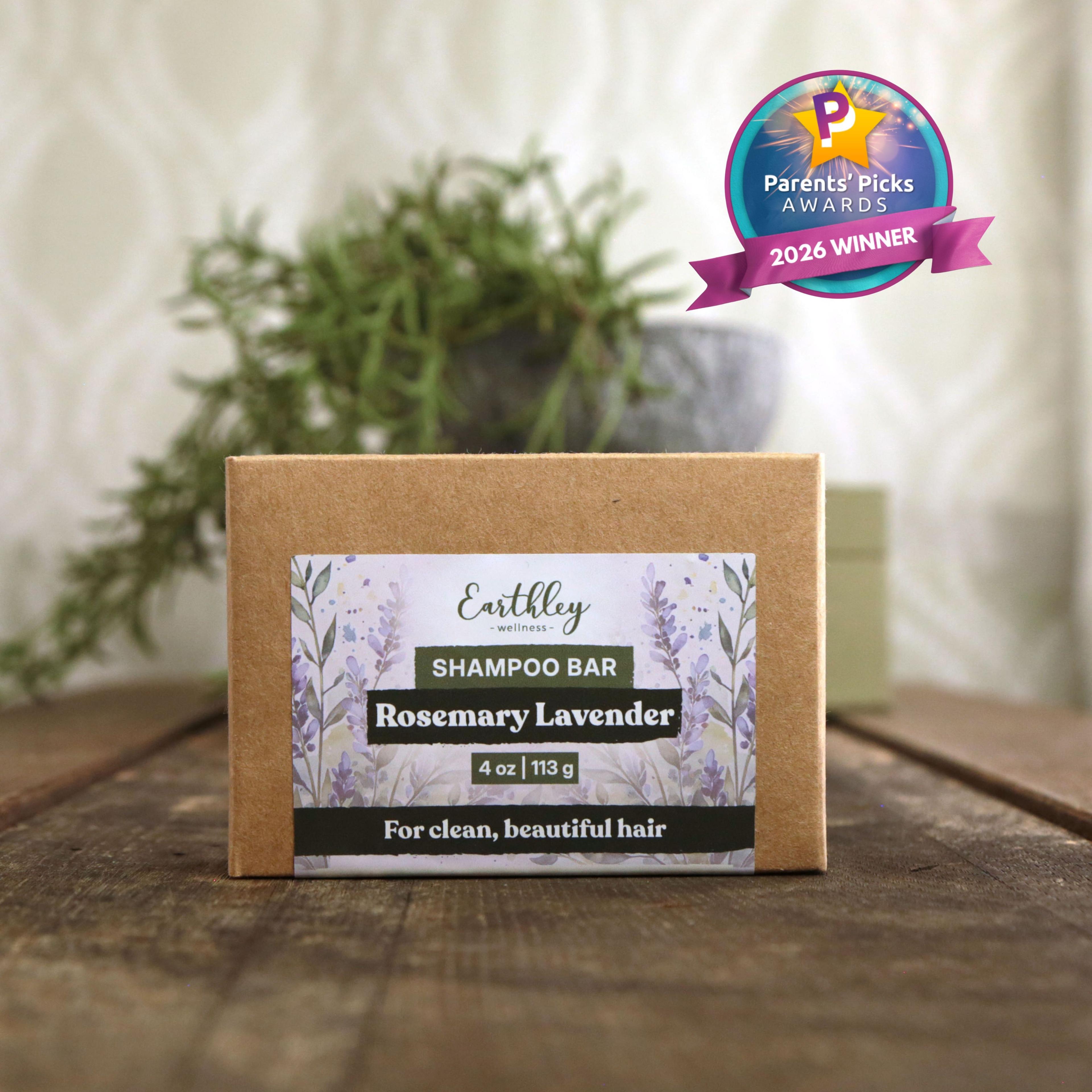 Earthley Wellness Rosemary Lavender Shampoo Bar with Parents' Picks Awards 2026 Winner badge on wooden surface