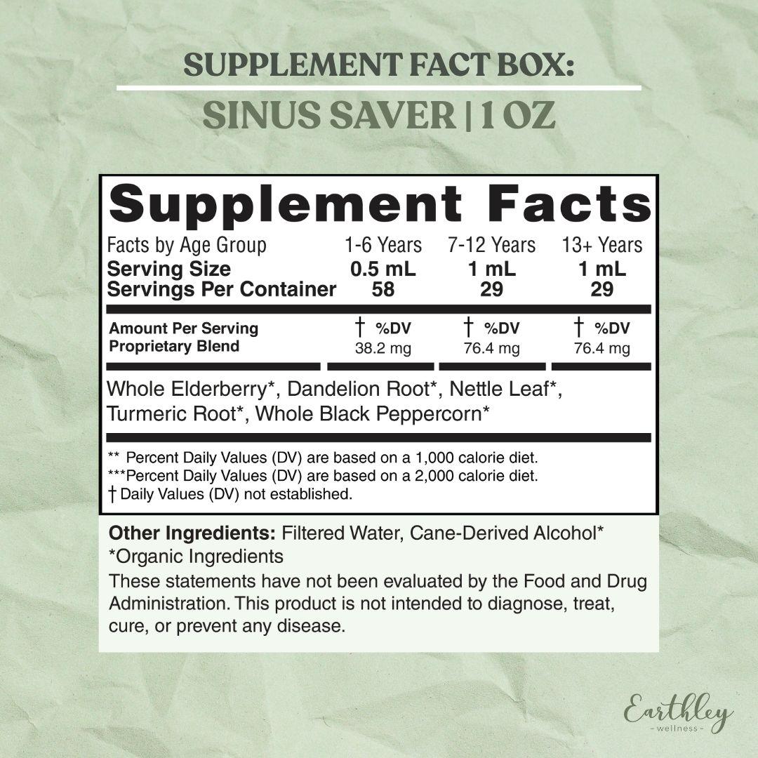 Sinus Saver 1oz supplement facts label with elderberry, dandelion, nettle, turmeric blend