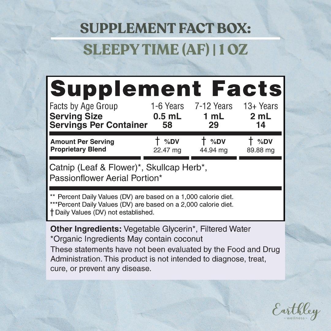 Supplement facts label for Sleepy Time herbal tincture showing dosage by age group and ingredients including catnip, skullcap, and passionflower